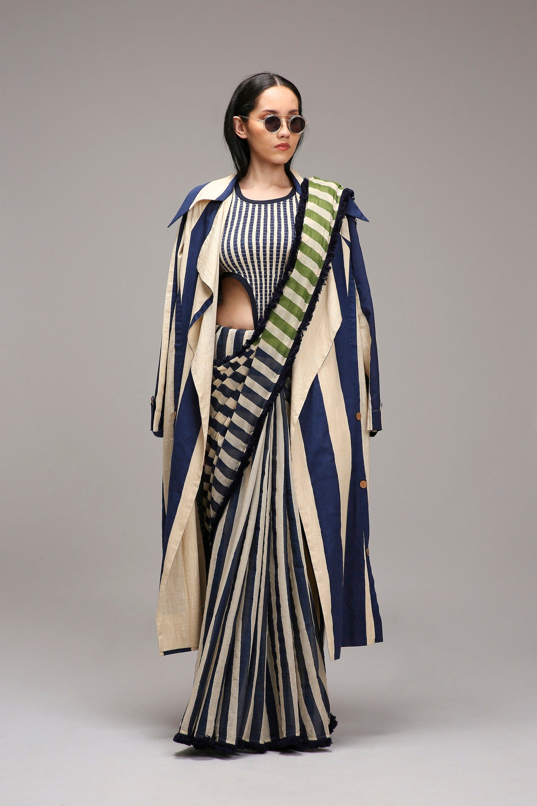 Handwoven cotton 3-piece bodysuit saree set Egg-Shell (Off-White) with joker trench jacket and smocked bodysuit by MATI India
