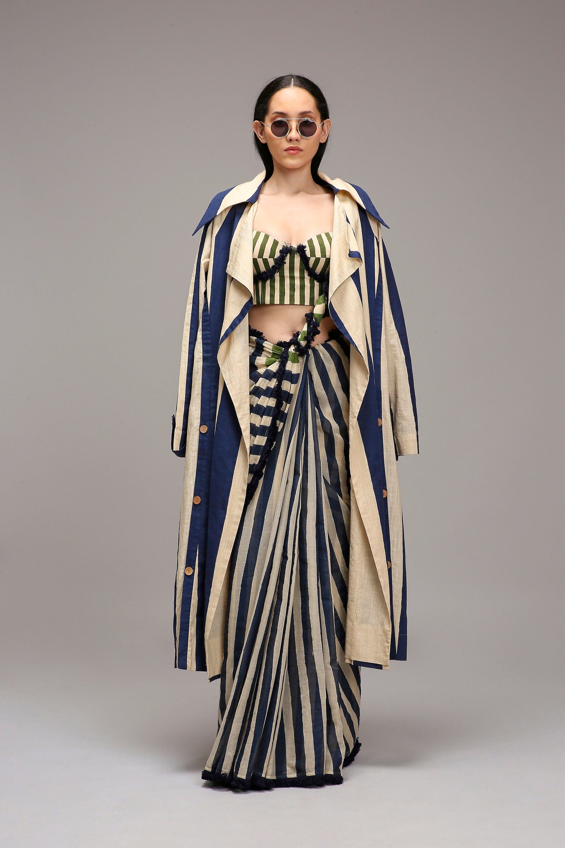 Handwoven cotton 3-piece corset saree set Egg-Shell (Off-White) with joker trench jacket and fringed corset by MATI India