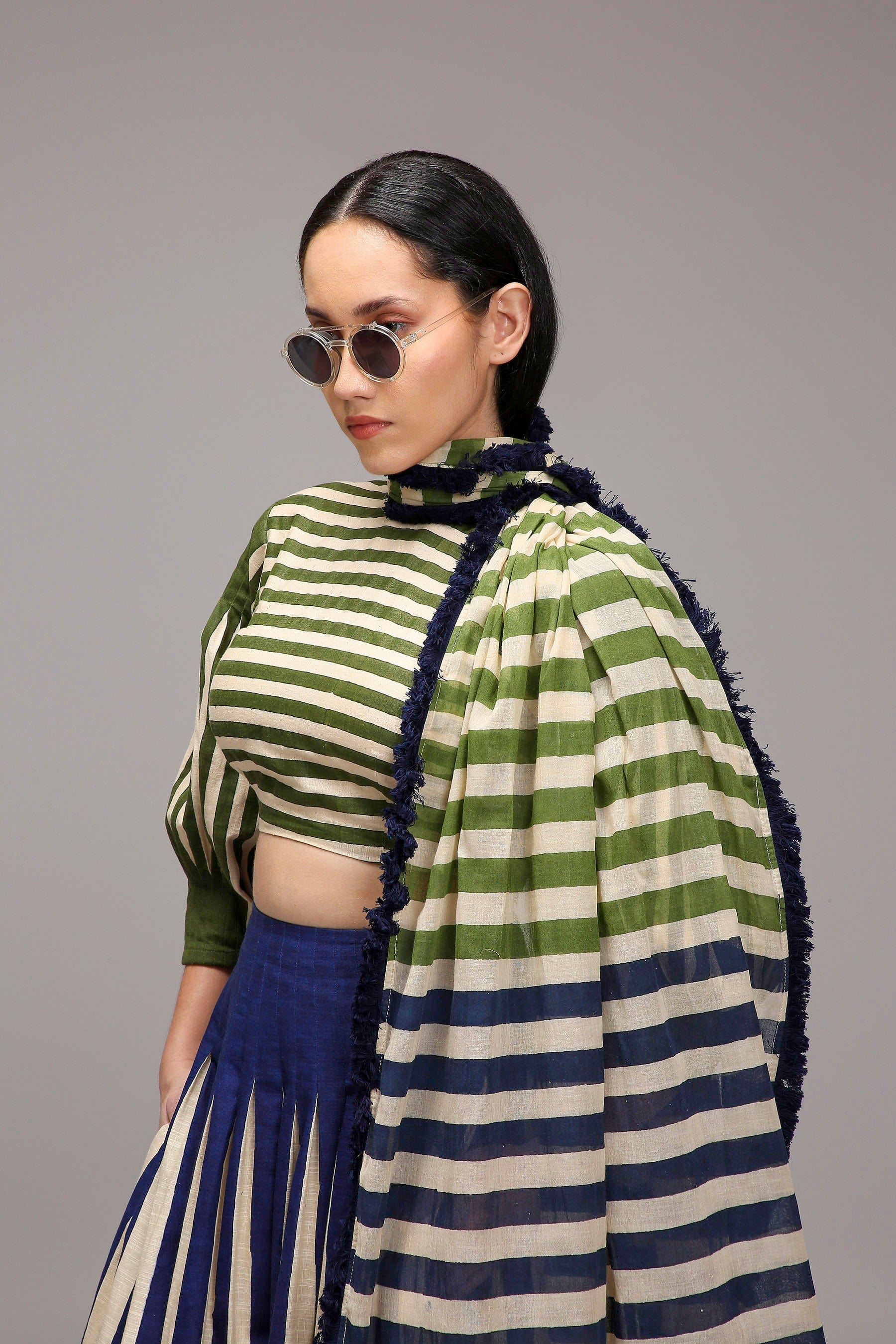 Handwoven cotton 3-piece crop top skirt set Egg-Shell (Off-White) with dual striped stole by MATI India