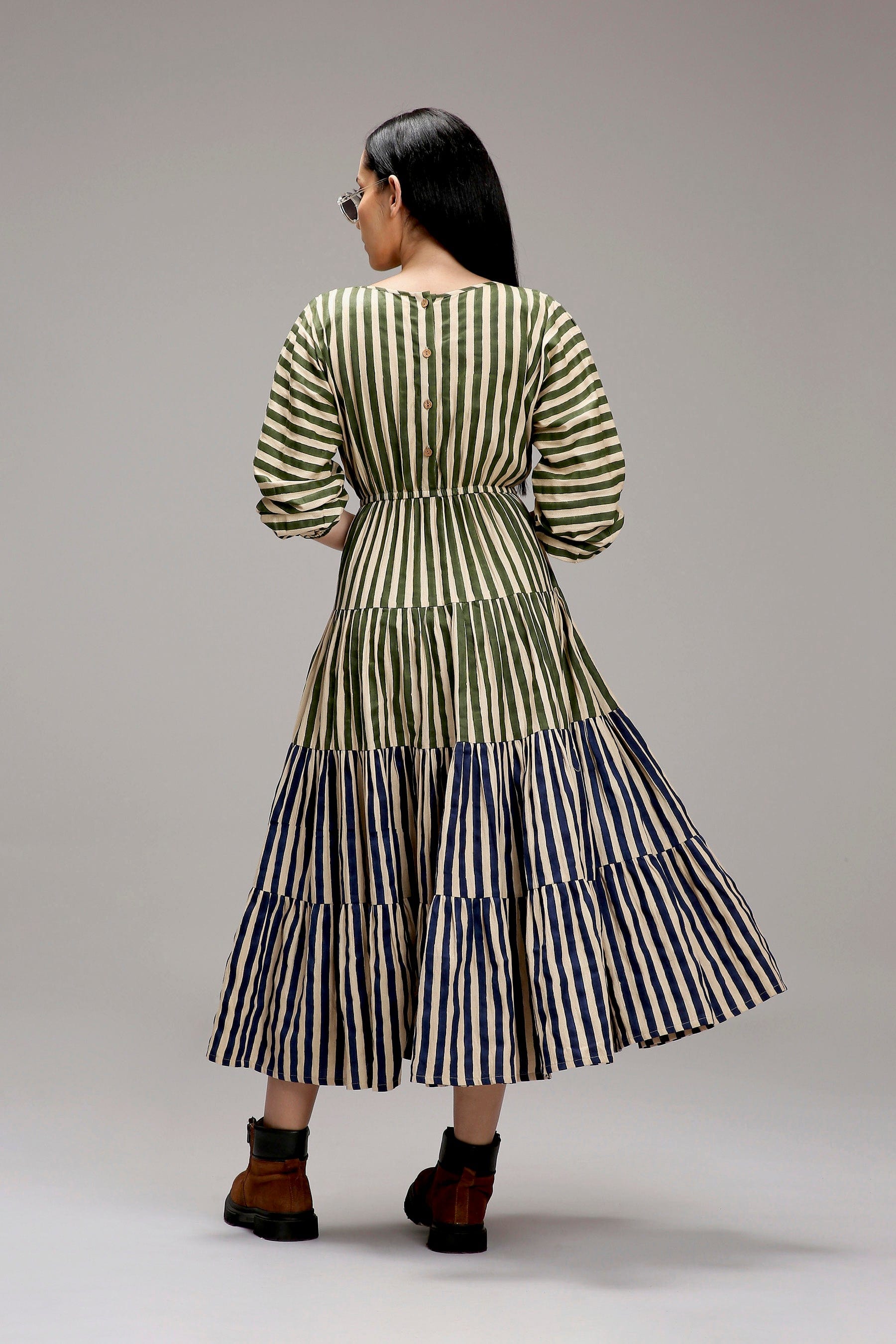 Egg-Shell Green & Blue Tiered Handcrafted Dress from Handwoven Organic Cotton - back view - MATI