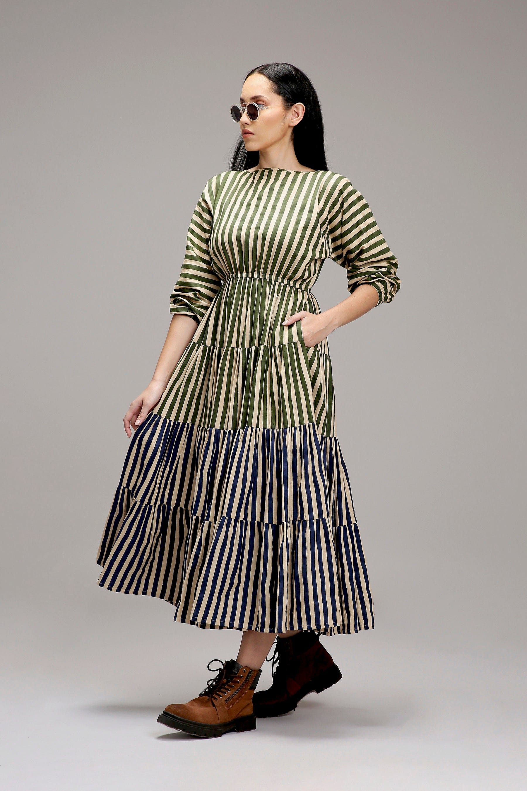 Egg-Shell Green & Blue Tiered Handcrafted Dress from Handwoven Organic Cotton - side view - MATI