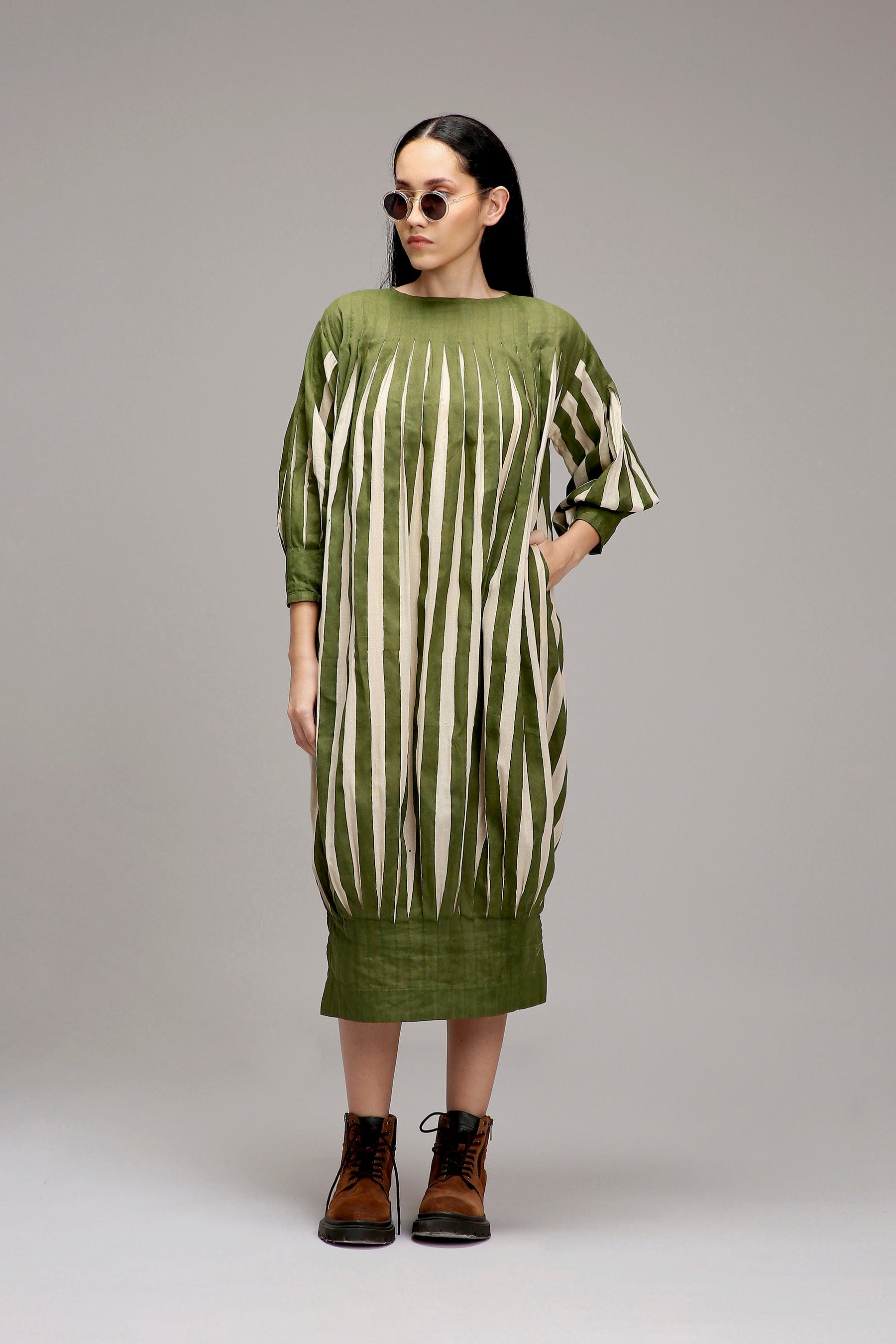 Egg-Shell Green Striped Handwoven Cotton Balloon Dress — front view — MATI