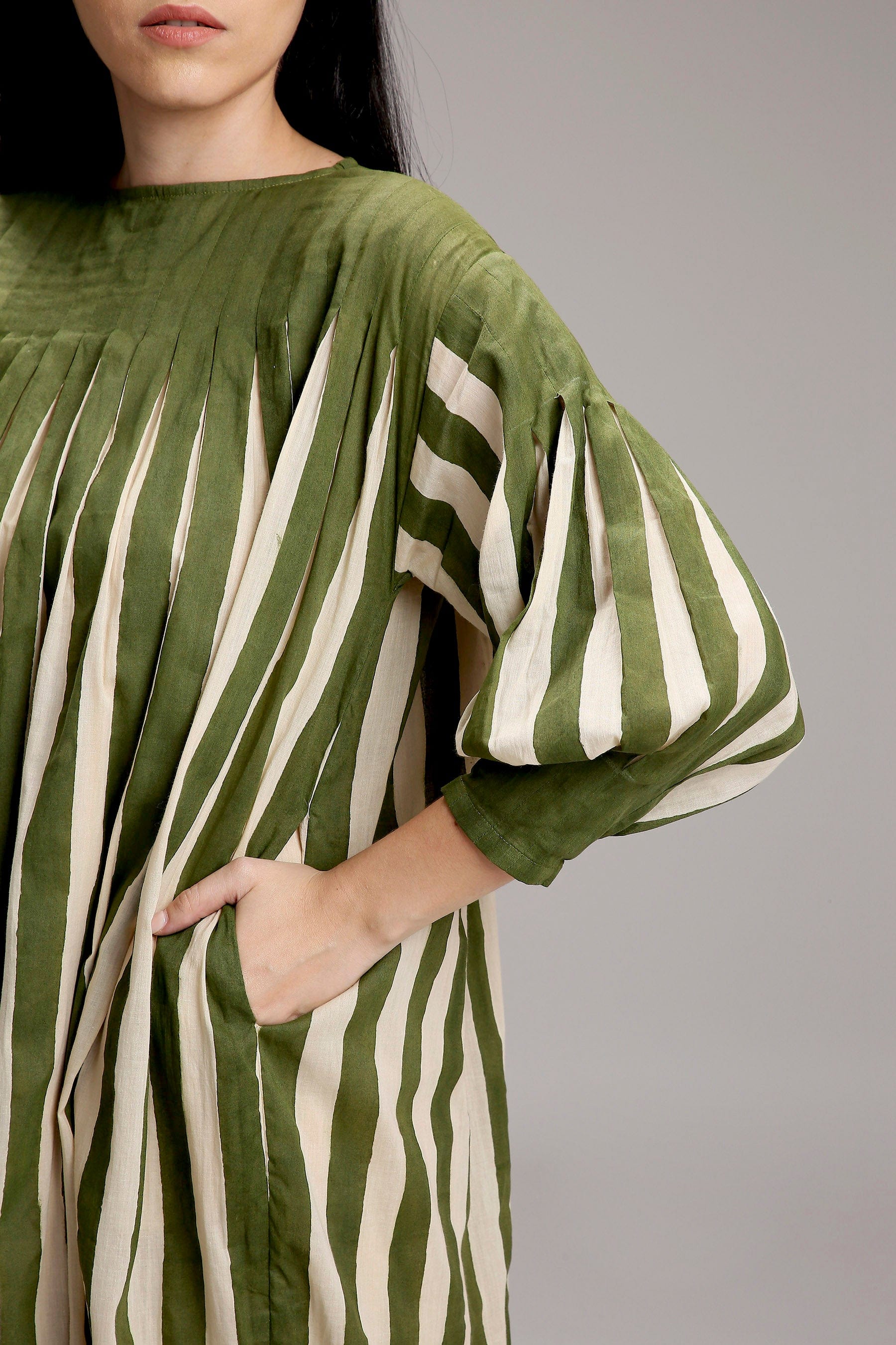 Egg-Shell Green Striped Balloon Dress — side view — MATI