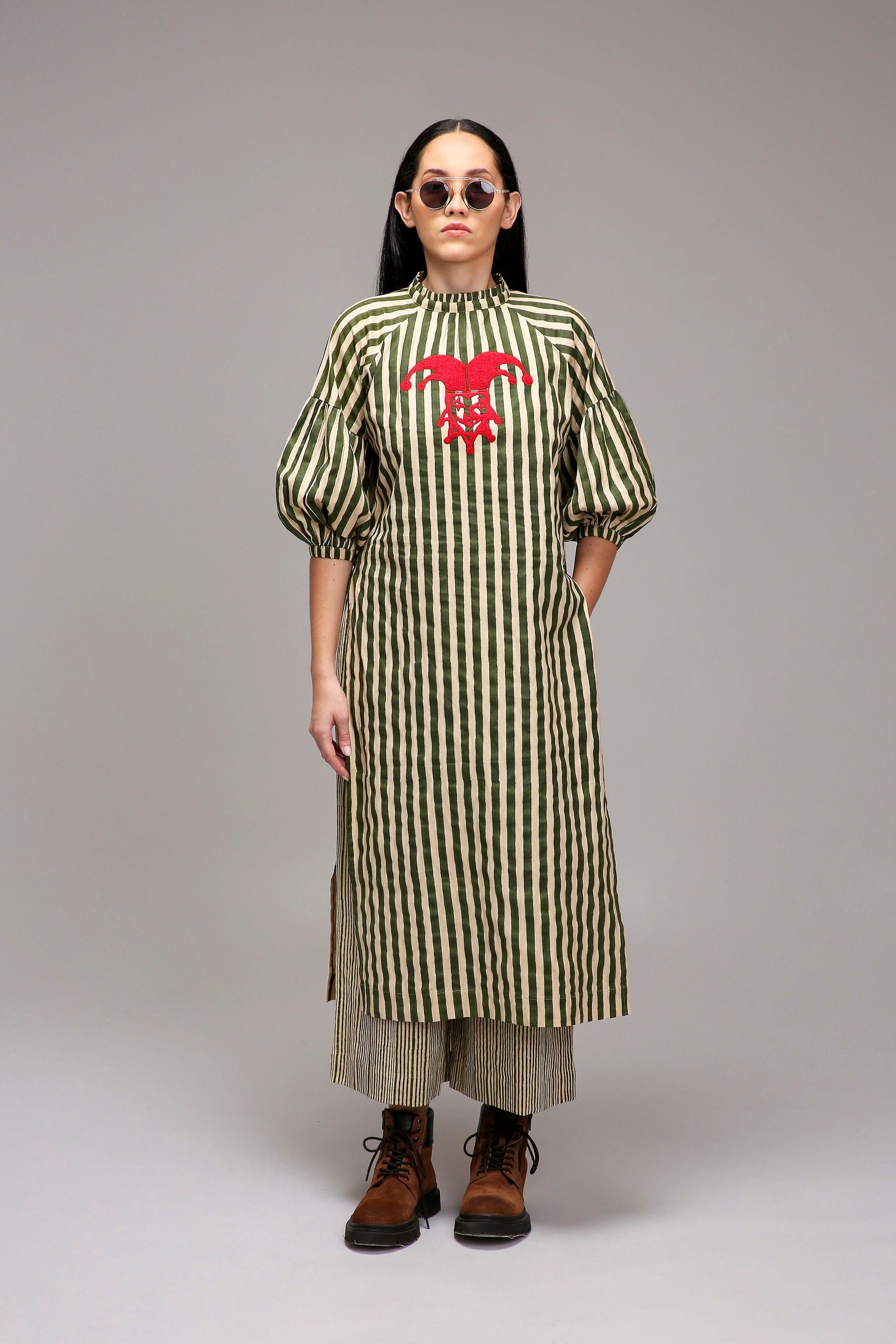 Egg-Shell Green Striped Handspun Cotton Big Joker Tunic — front view — MATI