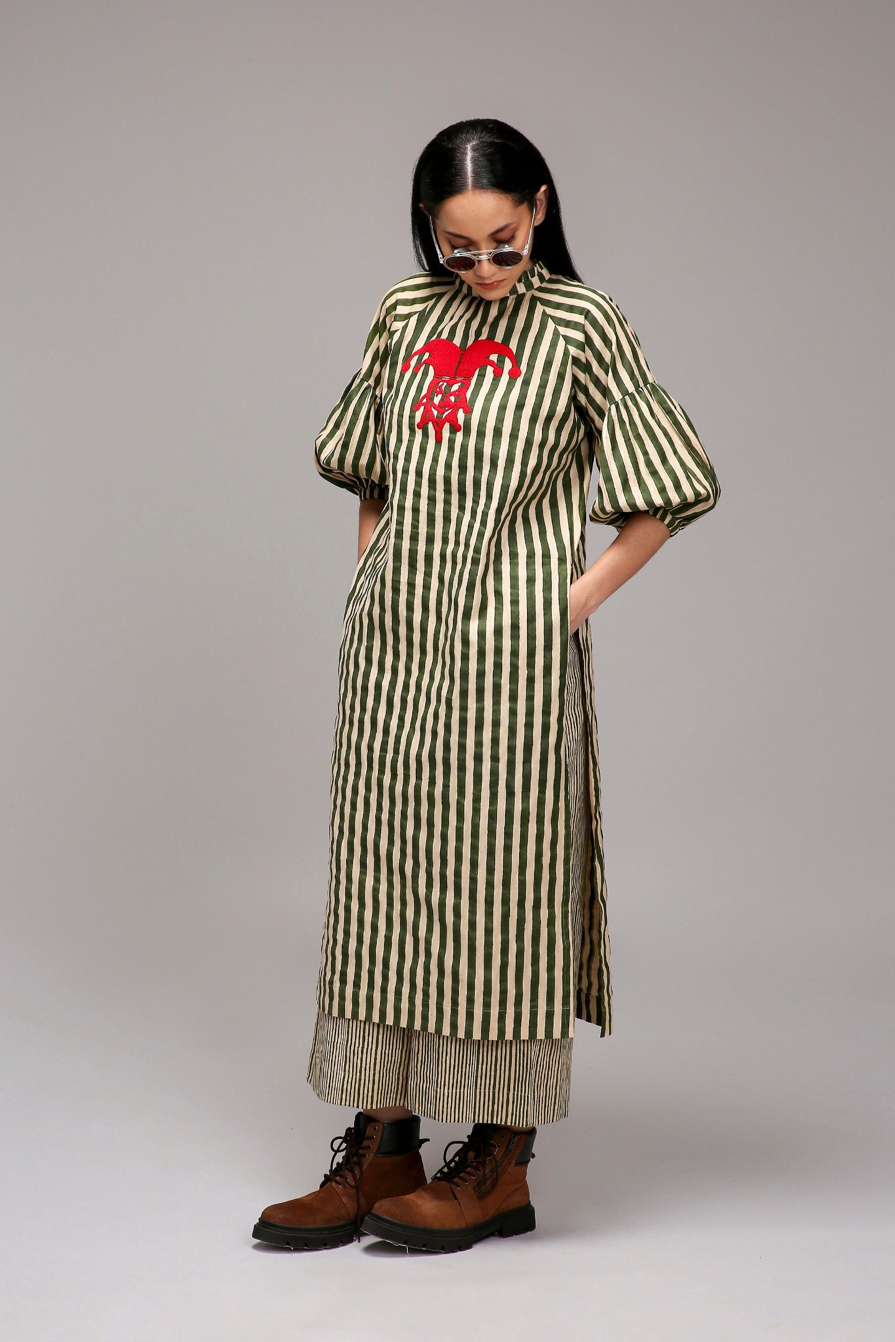 Egg-Shell Green Striped Handspun Cotton Big Joker Tunic — full length — MATI