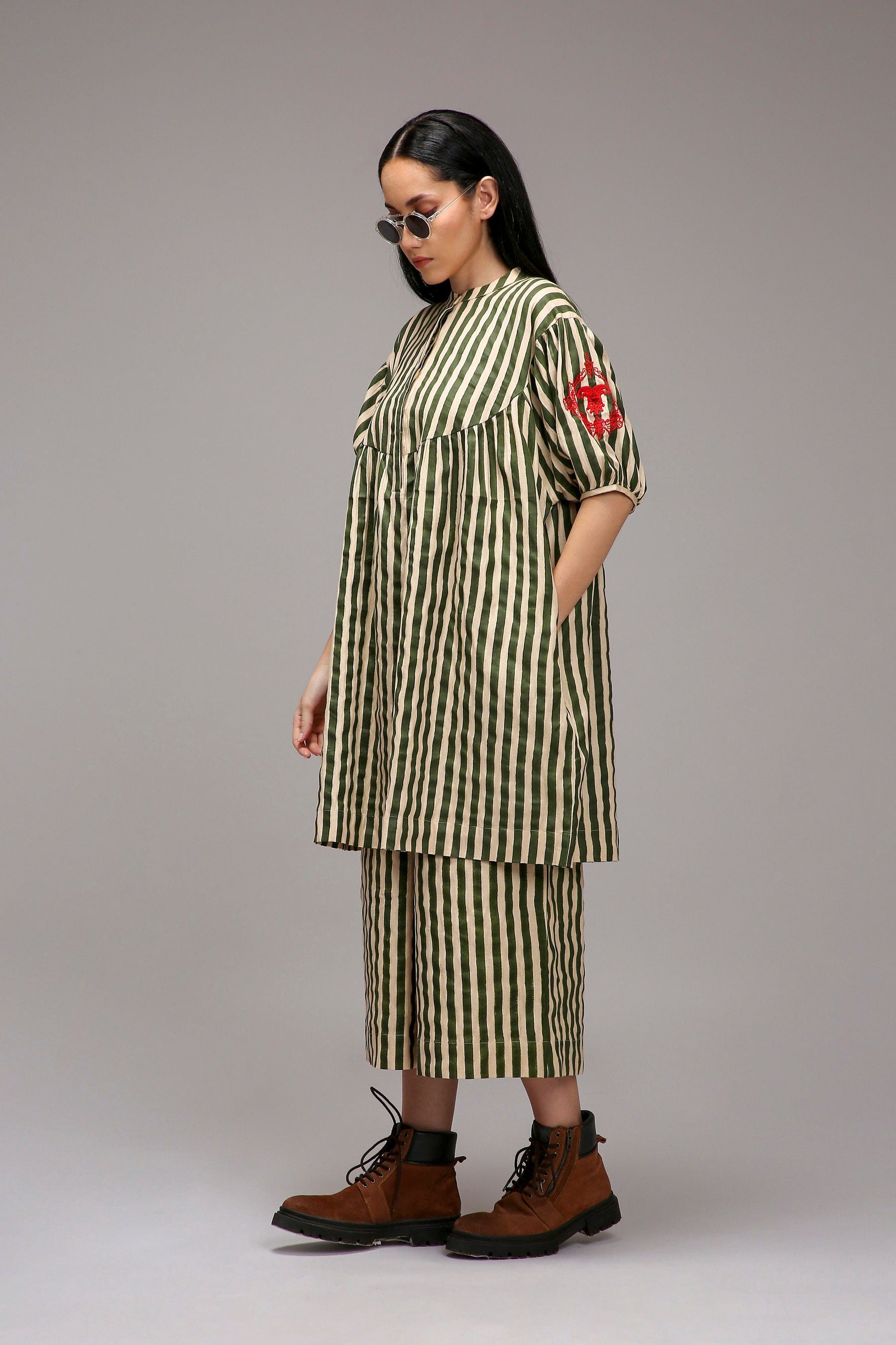 Egg-Shell Green Striped Short Acra Tunic — side view — MATI