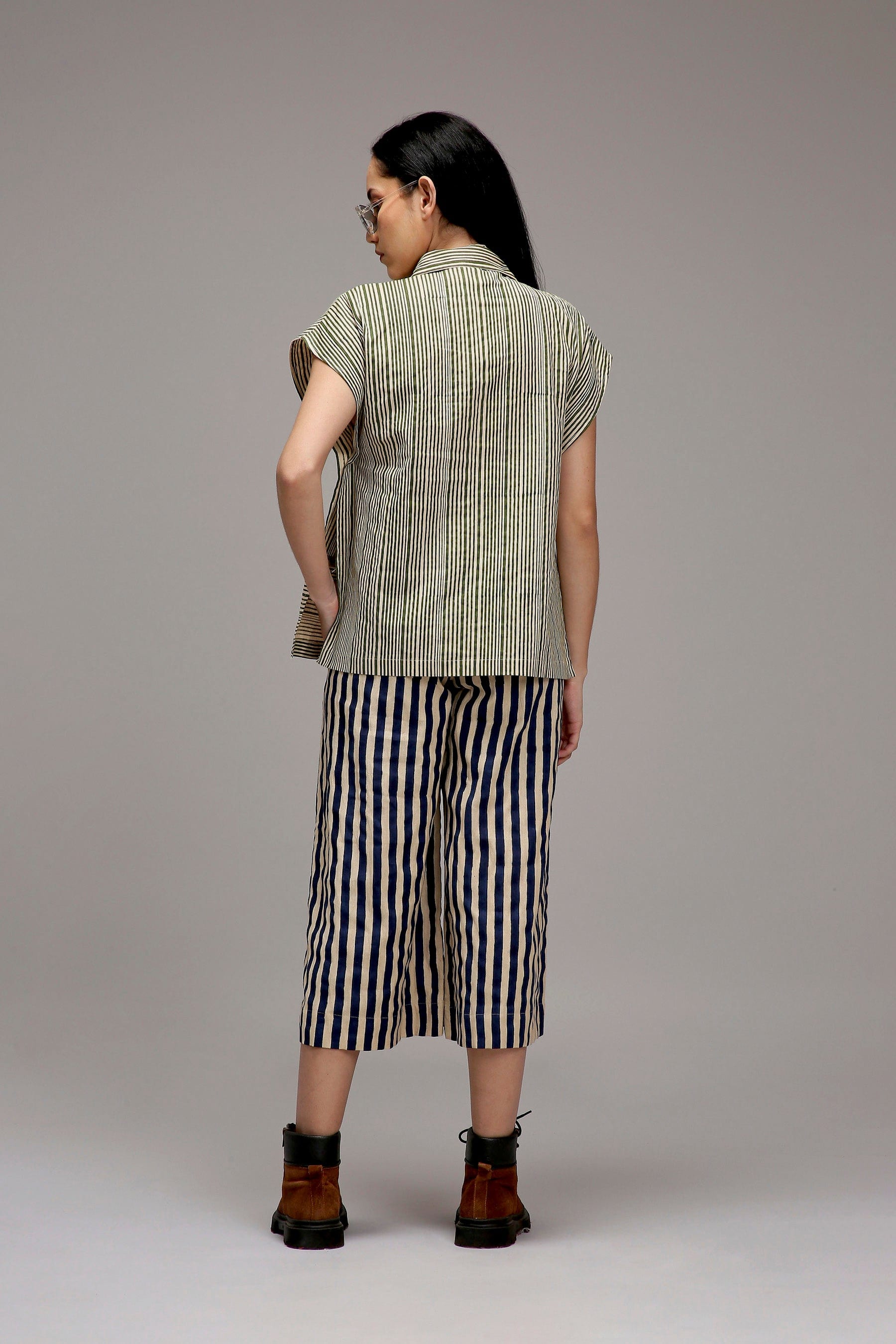 Egg-Shell Joker Shirt and Capre Pants Set in Handwoven Cotton - Size XS-7XL - back view - MATI India