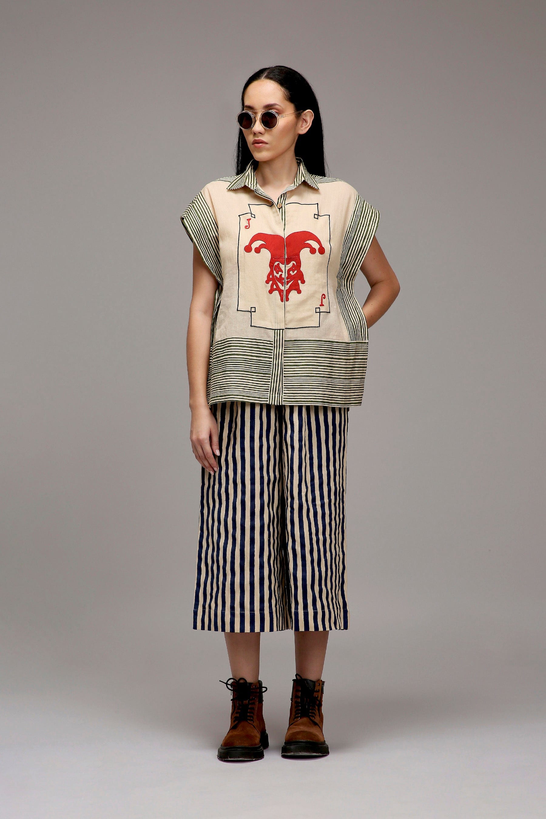 Egg-Shell Joker Shirt and Capre Pants Set in Handwoven Cotton - Size XS-7XL - front view - MATI India