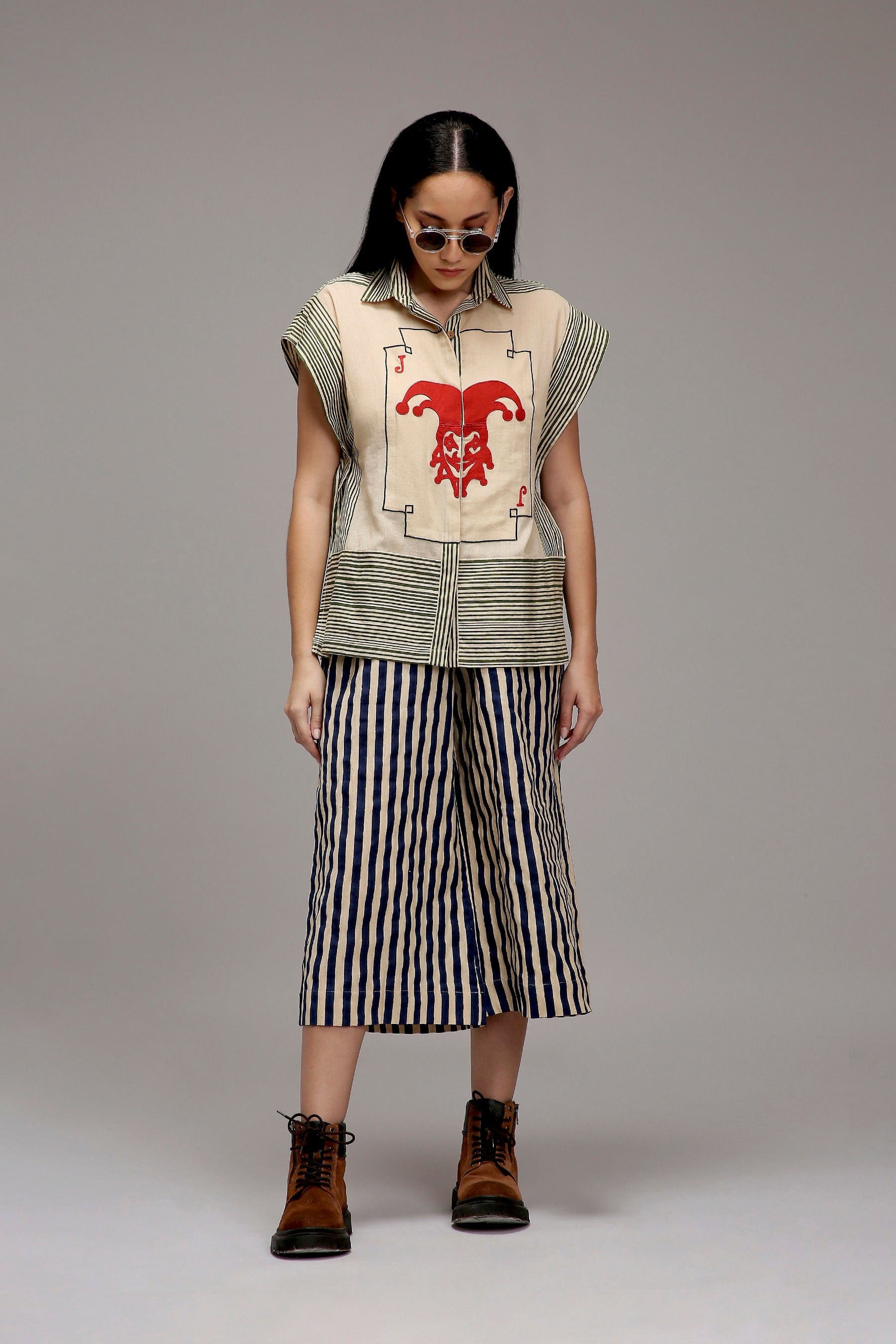Egg-Shell Joker Shirt and Capre Pants Set in Handwoven Cotton - Size XS-7XL - full length view - MATI India