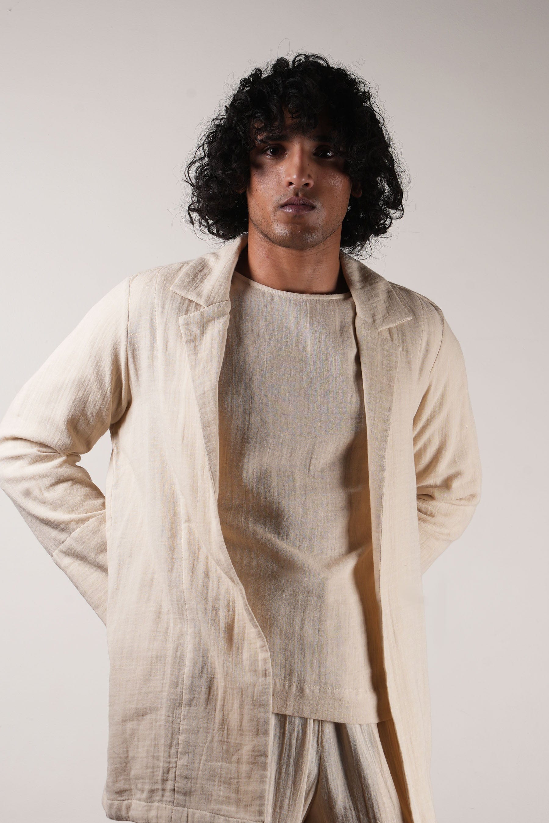 Mati JACKET S Men's Crush Cotton Cream Shawl Jacket