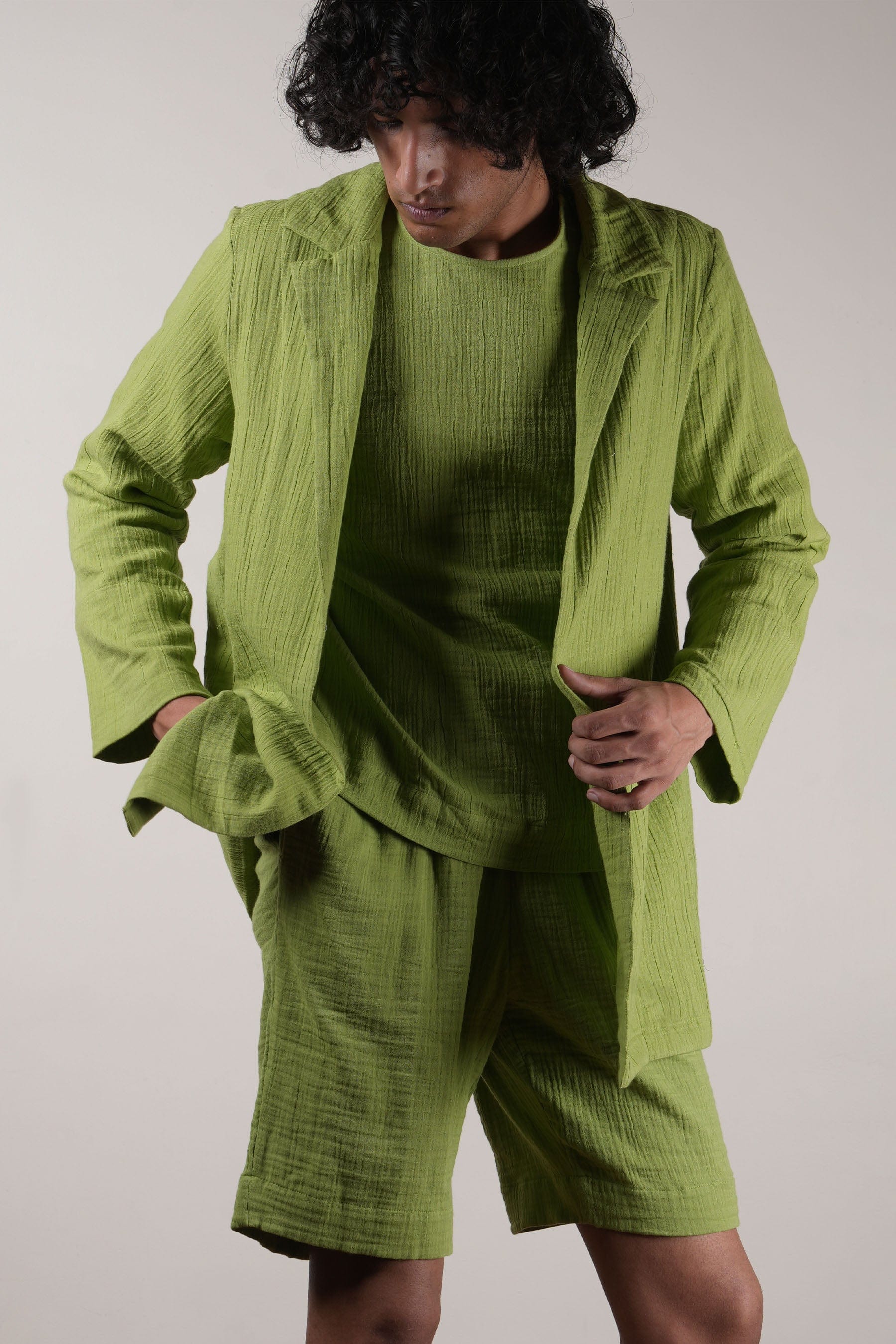 Mati JACKET S Men's Crush Cotton Green Shawl Jacket