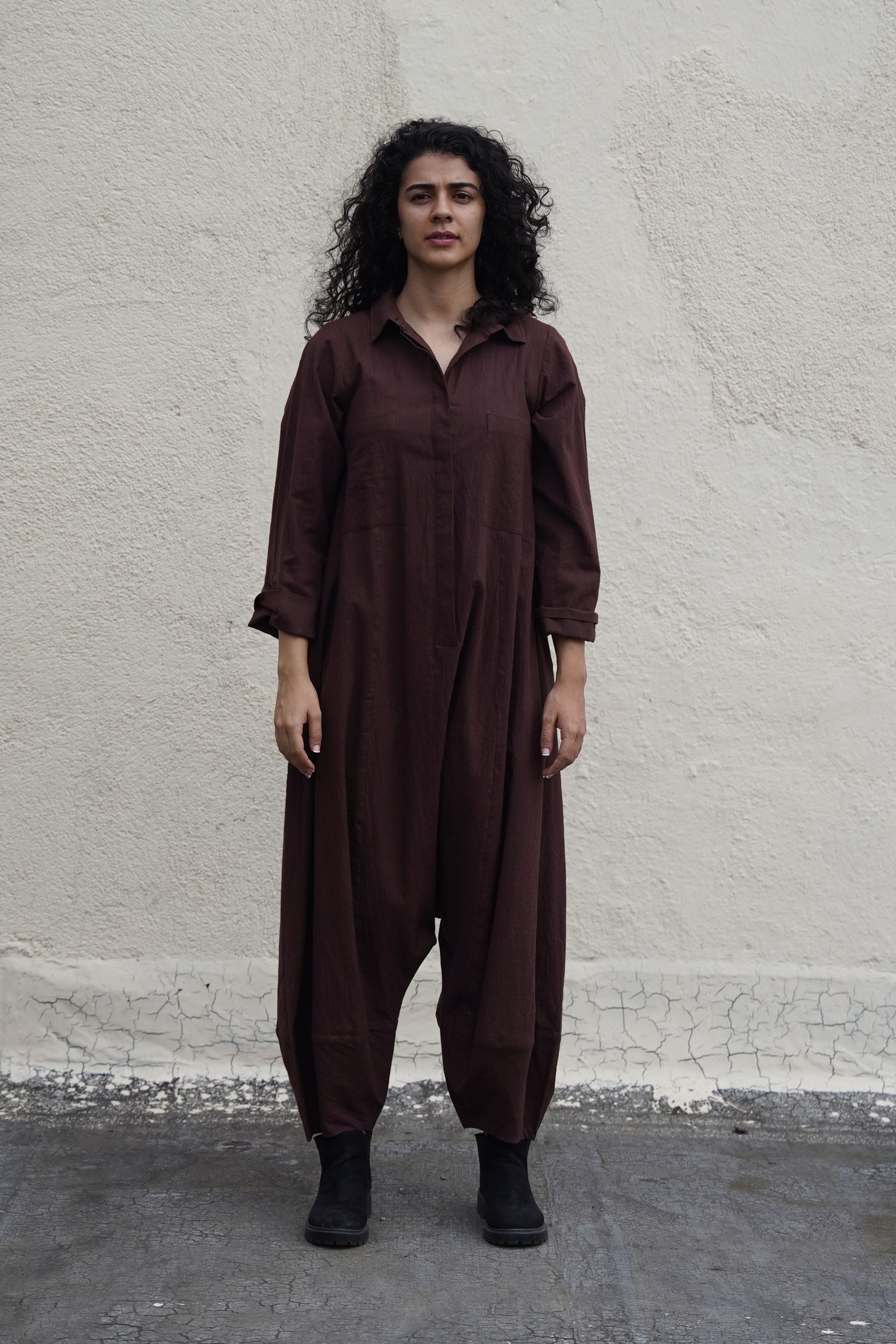 Mati JUMPSUIT XS Brown Collar Sleeve Suga Jumpsuit