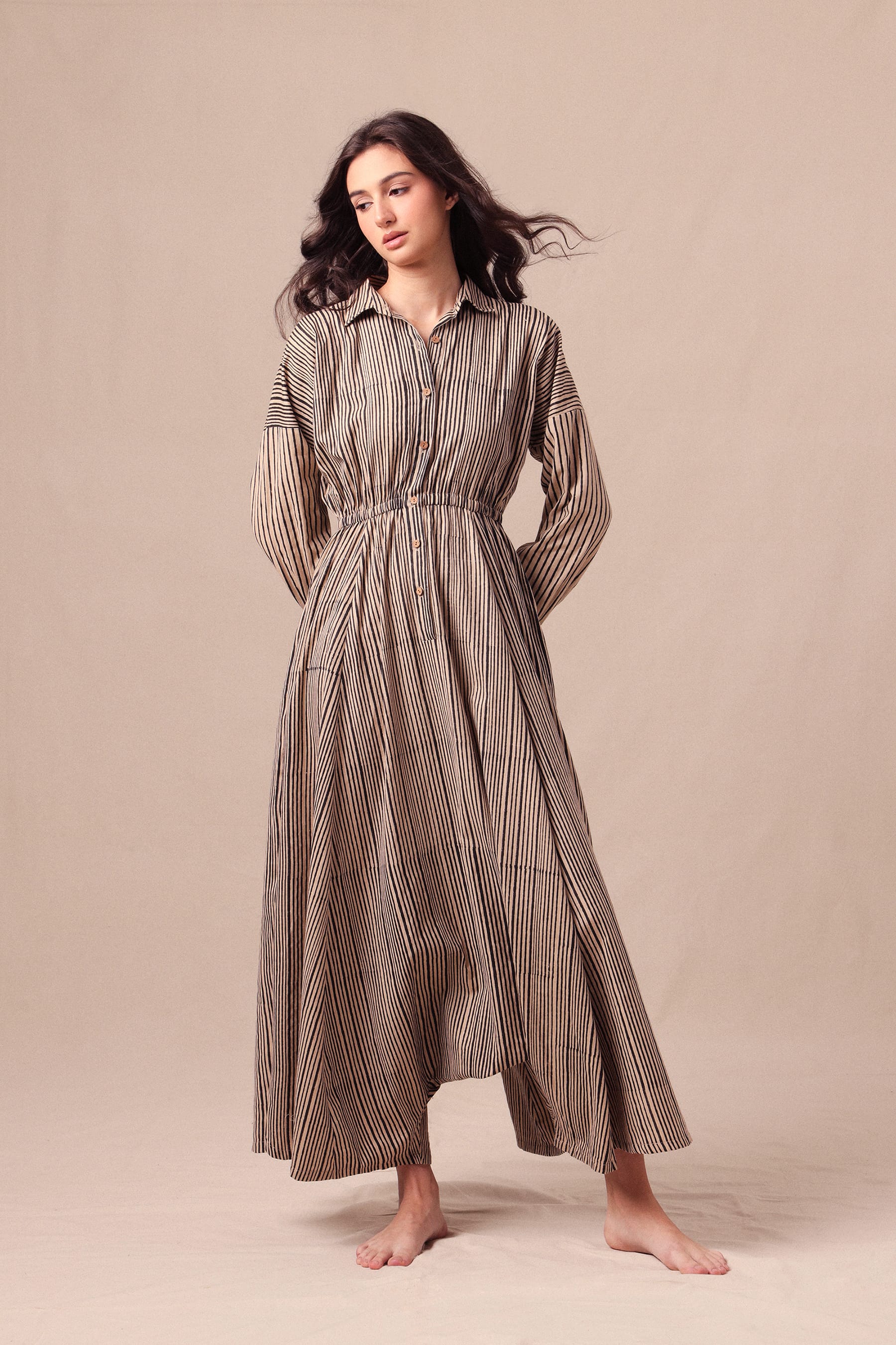 Mati JUMPSUIT XS Charcoal Striped Shirt Sphara Jumpsuit
