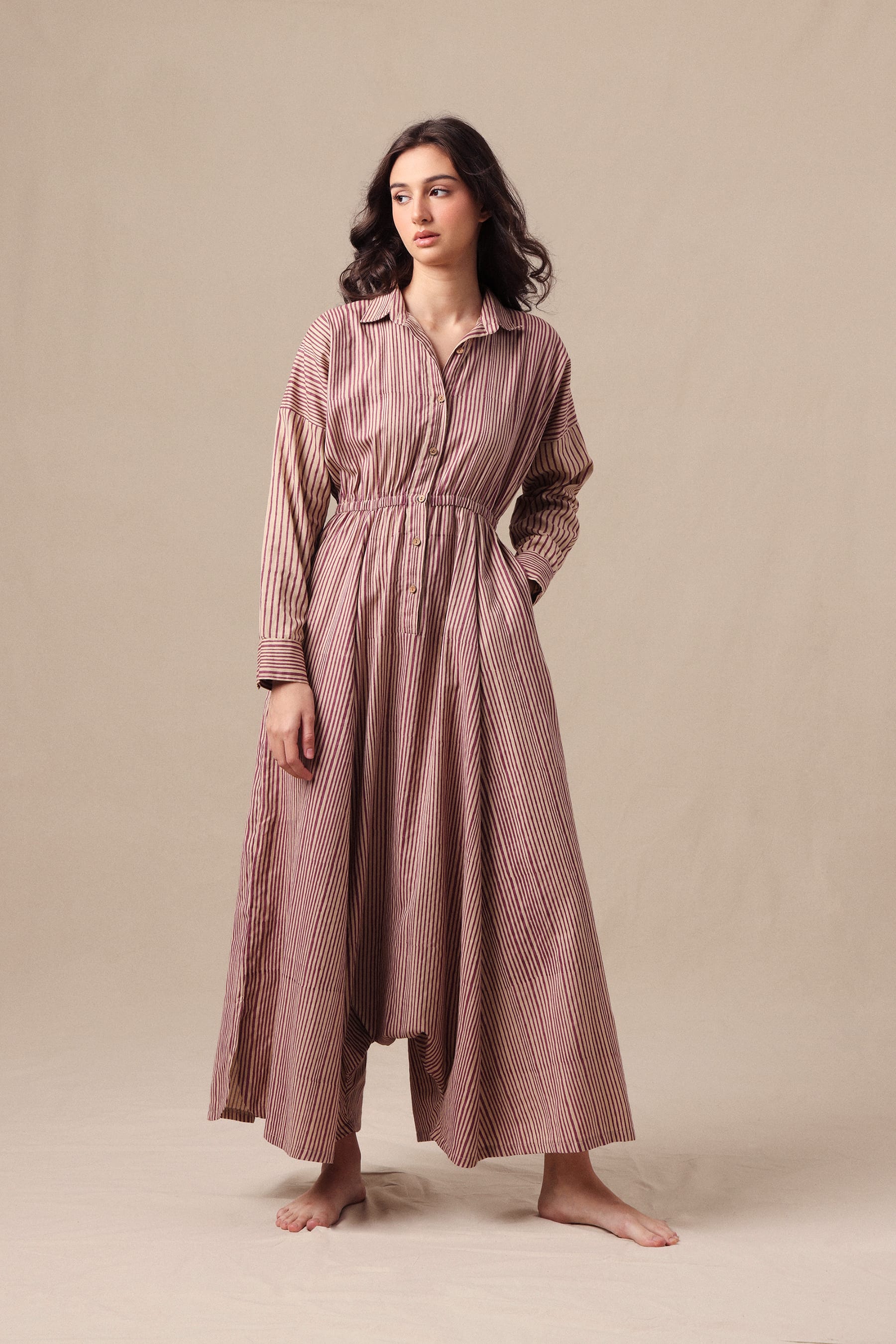Mati JUMPSUIT XS Mauve Striped Shirt Sphara Jumpsuit