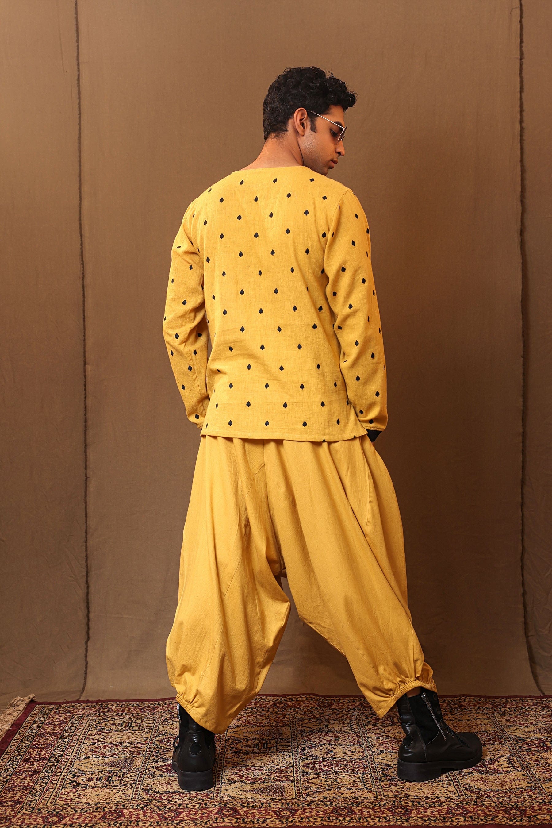 Men's mustard handspun cotton baggy pants – back view – MATI TAASH 2