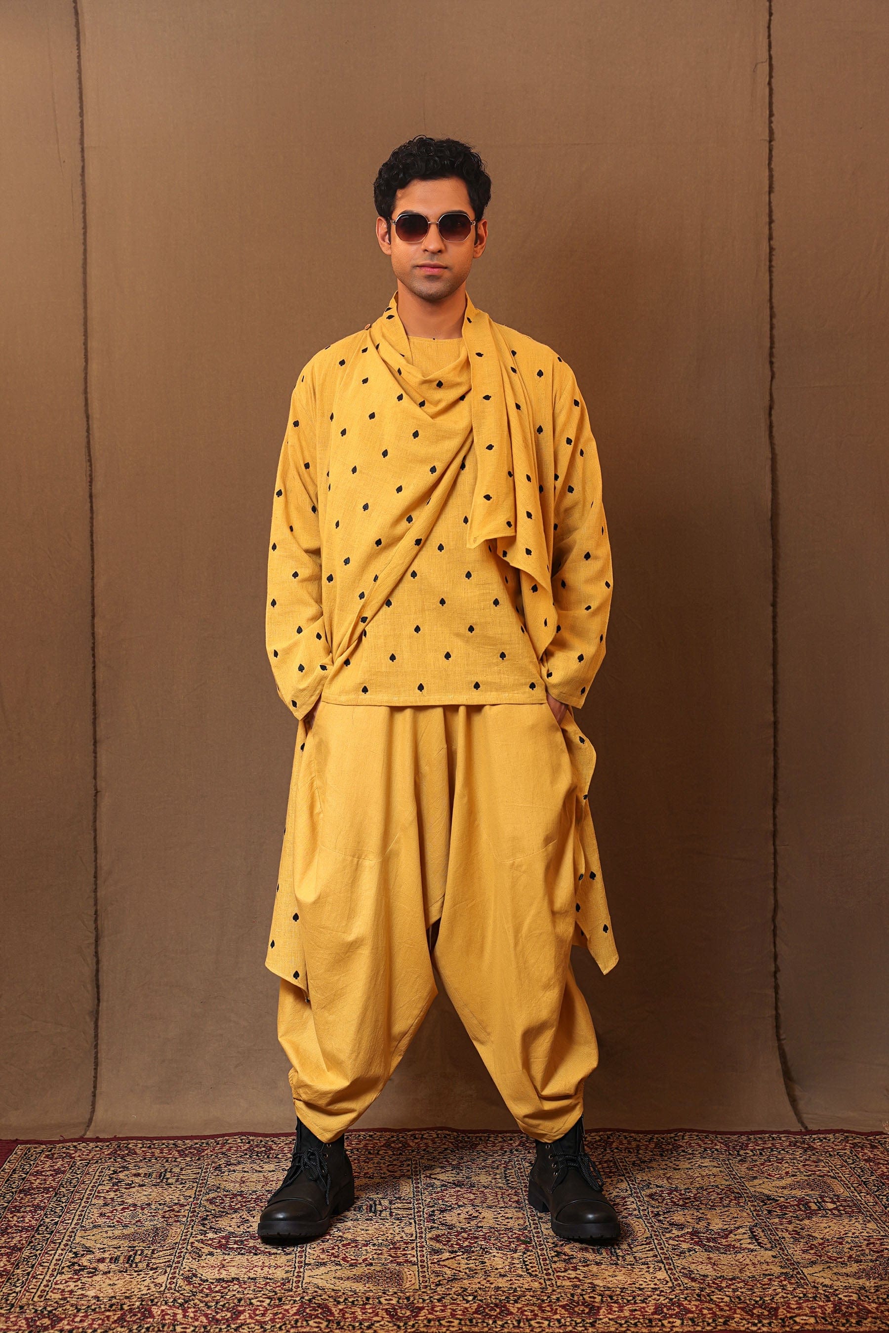 Full length view of mustard jacket kurta and pants set – MATI TAASH