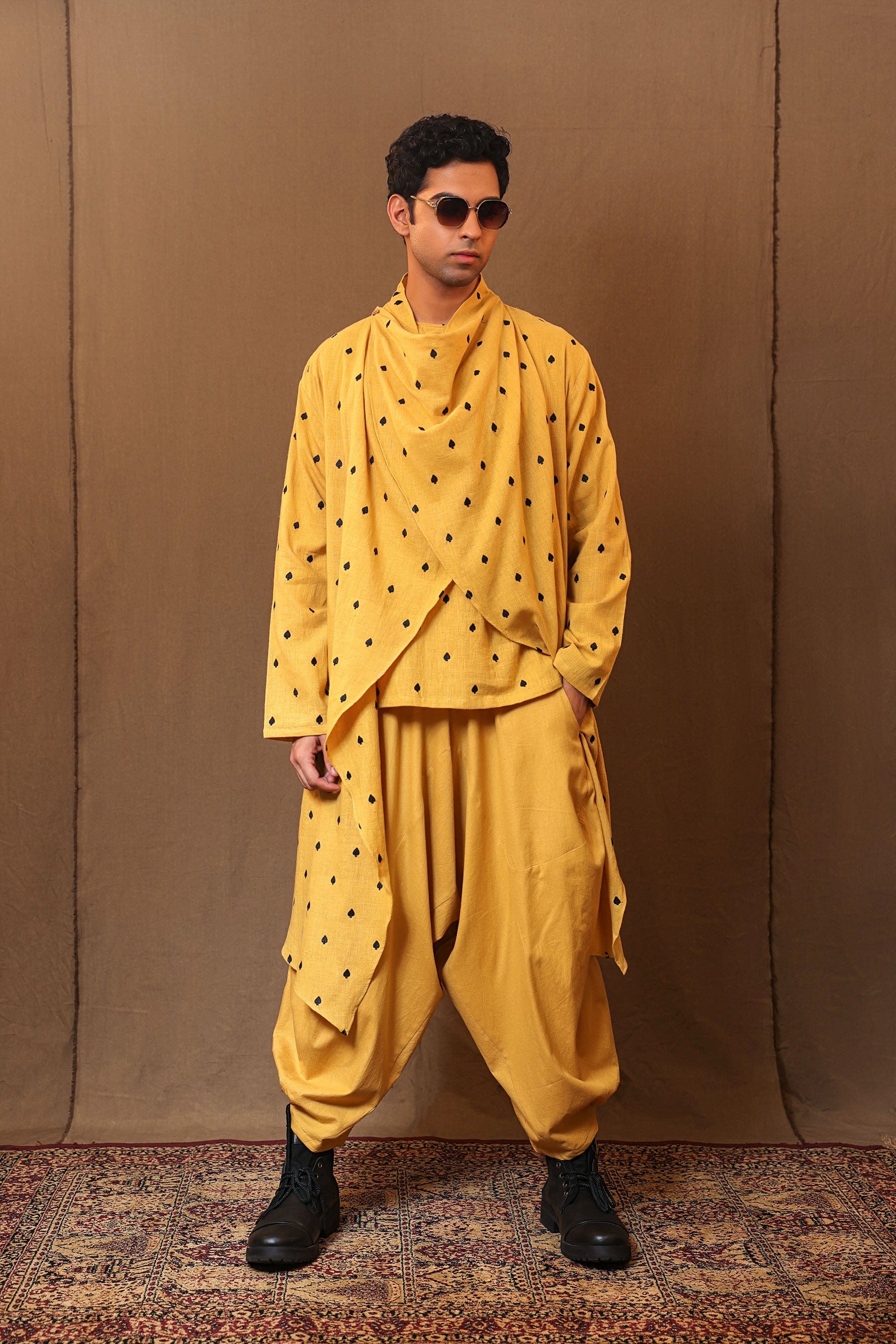 Spade card motif embroidery on mustard cotton jacket set by MATI
