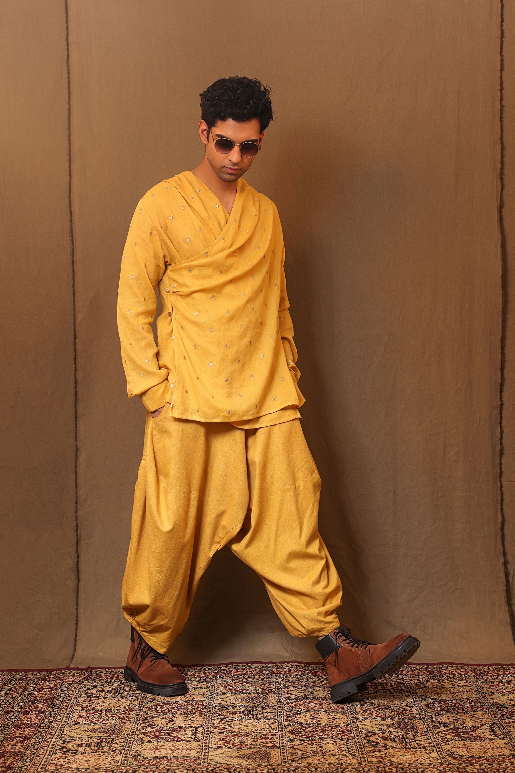 Men's mustard embroidered overlap shirt styled – side view- MATI TAASH menswear