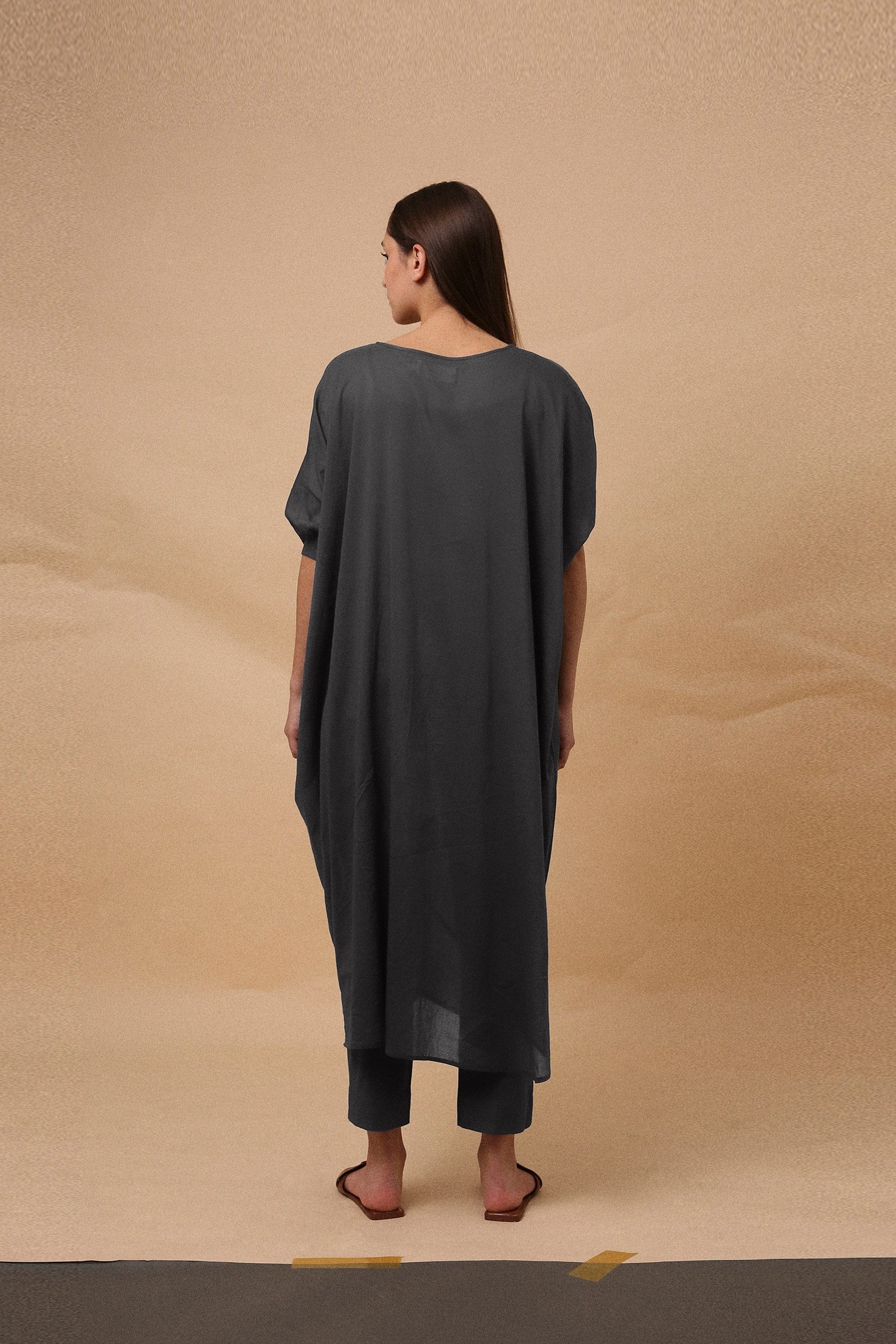 Handspun cotton mul kaftan cowl tunic co-ord set in ash grey with rib collar, camisole inner and narrow pants, by MATI India