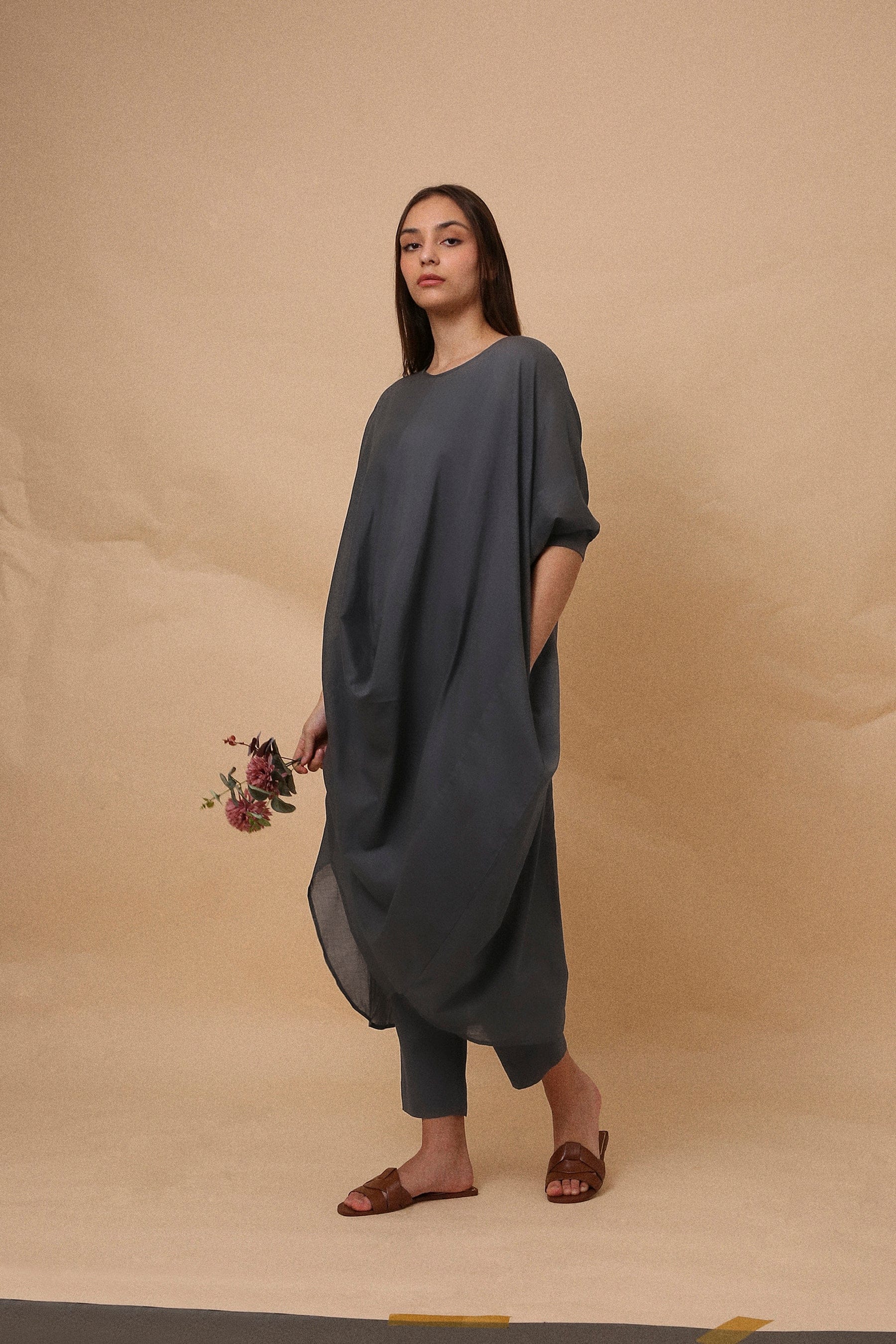 Handspun cotton mul kaftan cowl tunic co-ord set in ash grey with rib collar, camisole inner and narrow pants, by MATI India