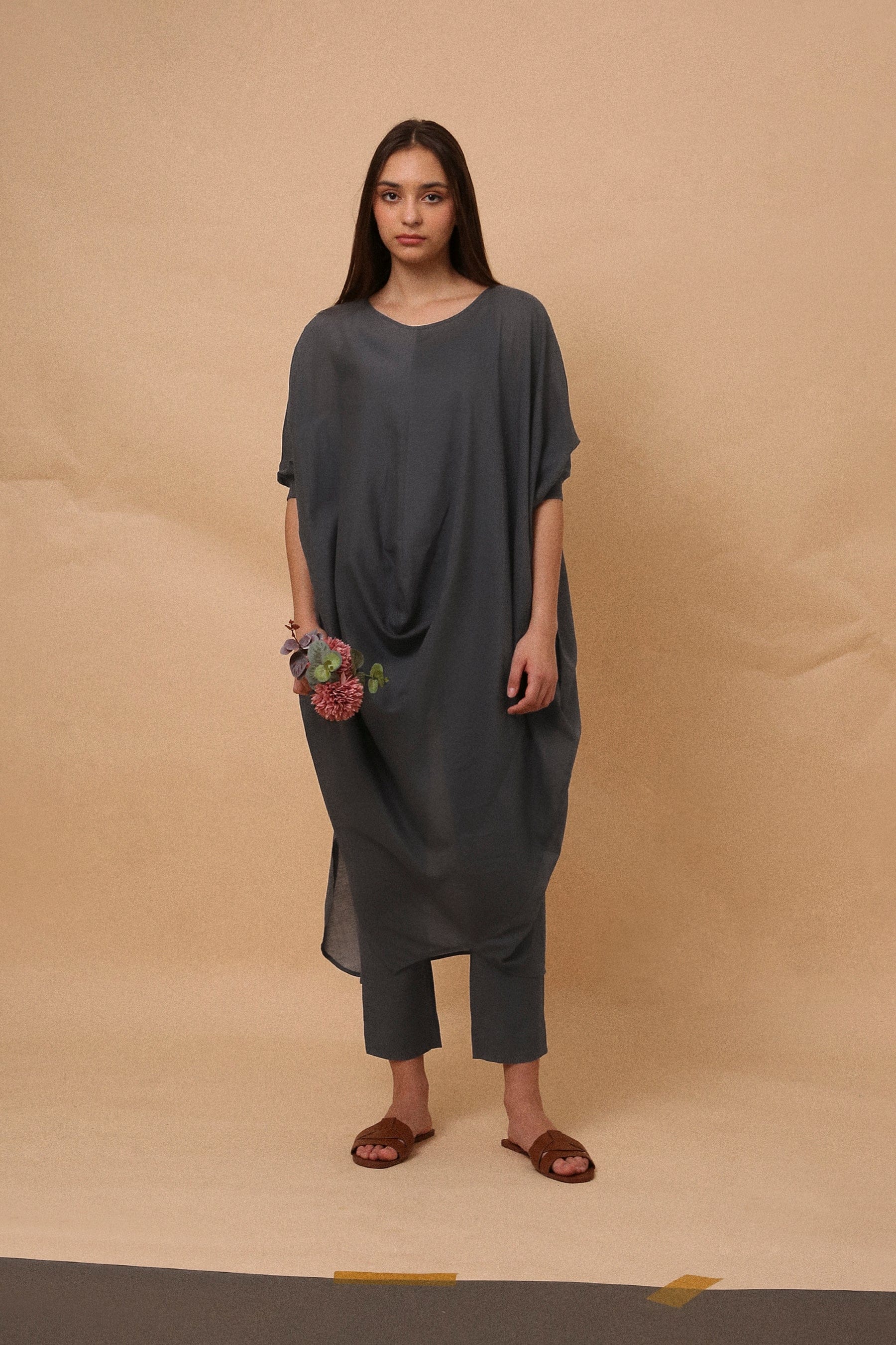 Handspun cotton mul kaftan cowl tunic co-ord set in ash grey with rib collar, camisole inner and narrow pants, by MATI India