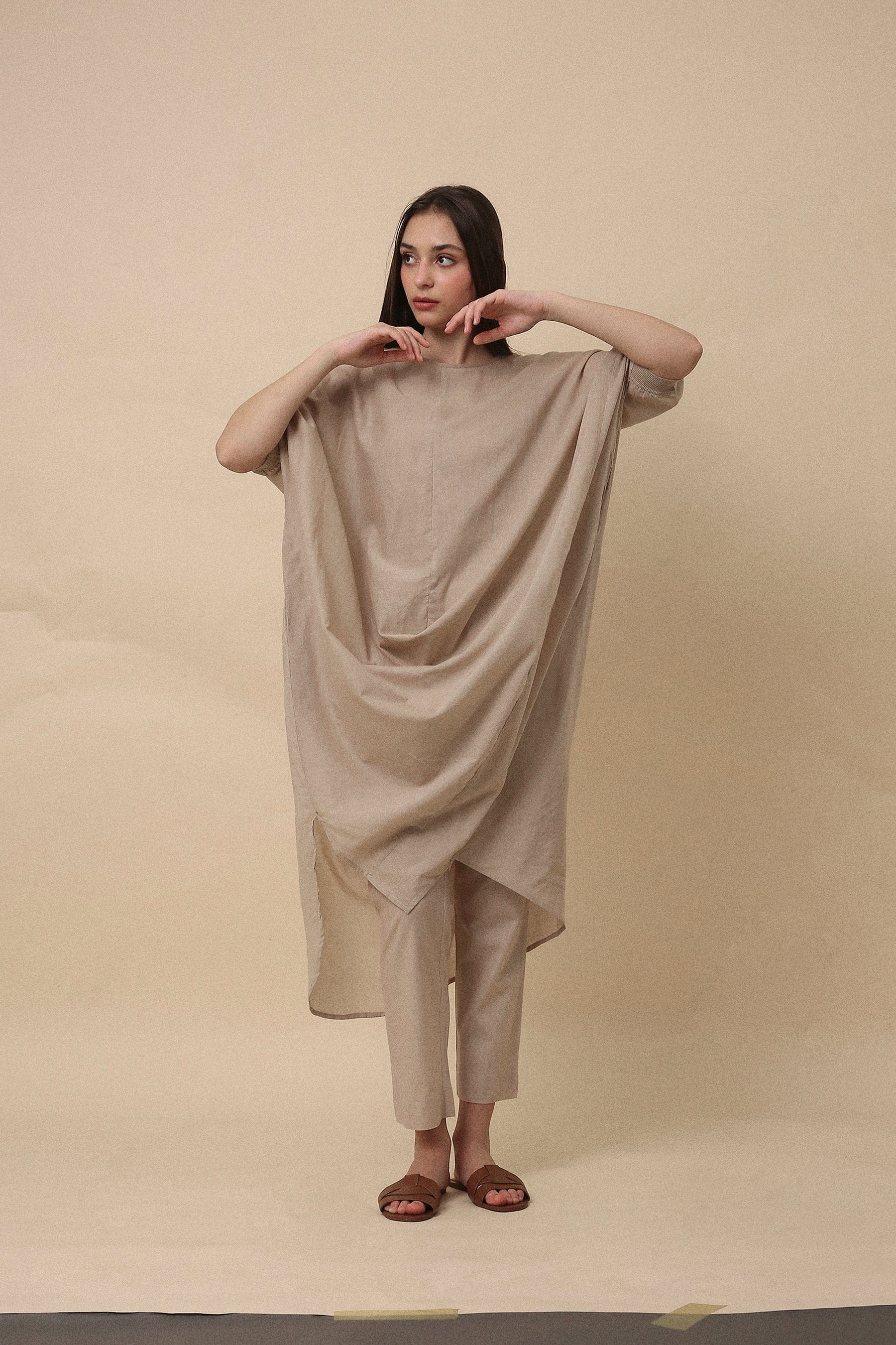 Handspun cotton mul kaftan cowl tunic co-ord set in sand with rib collar, camisole inner and narrow pants, by MATI India