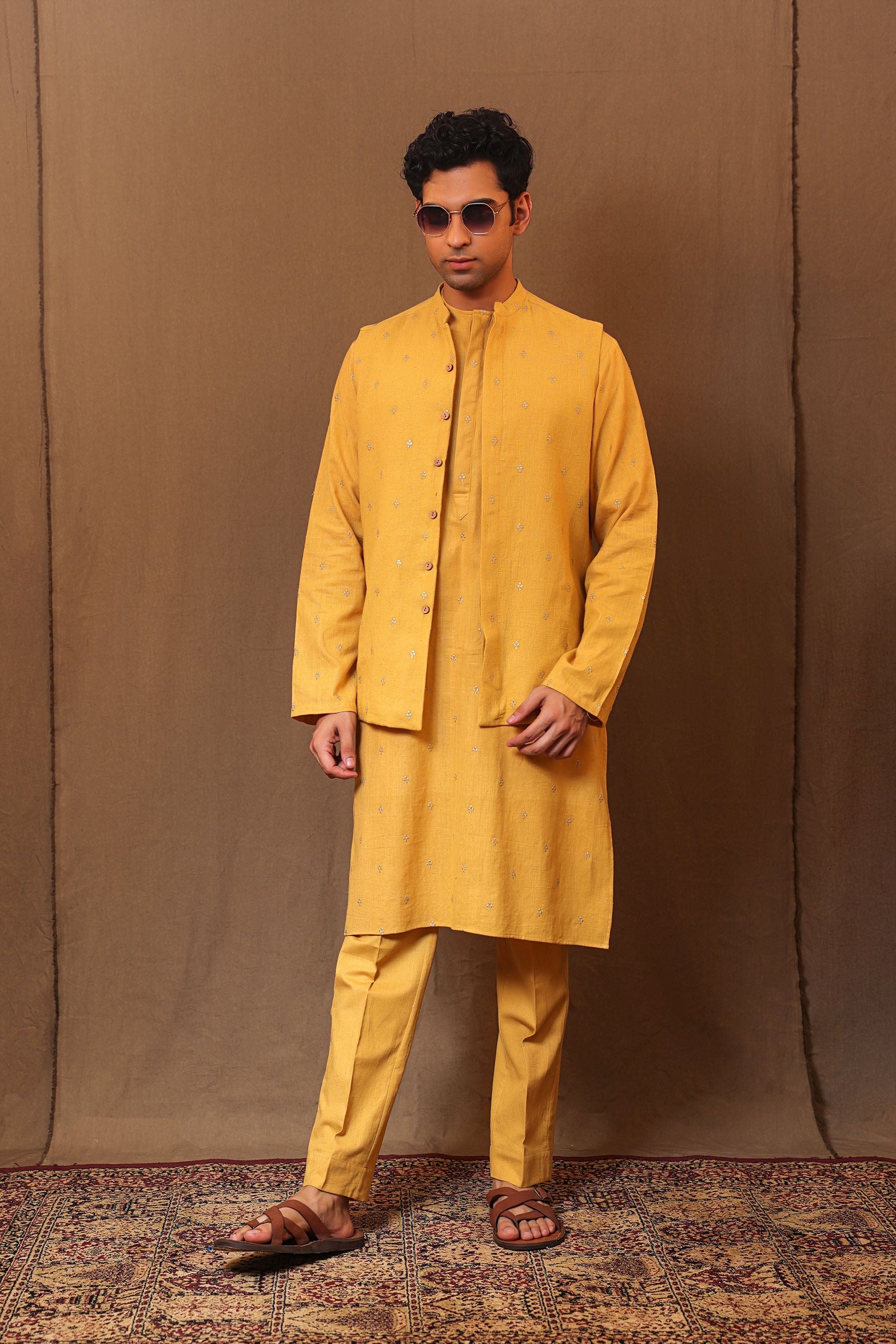 MATI mustard embroidered kurta bandi set with pants and belt – styled full look