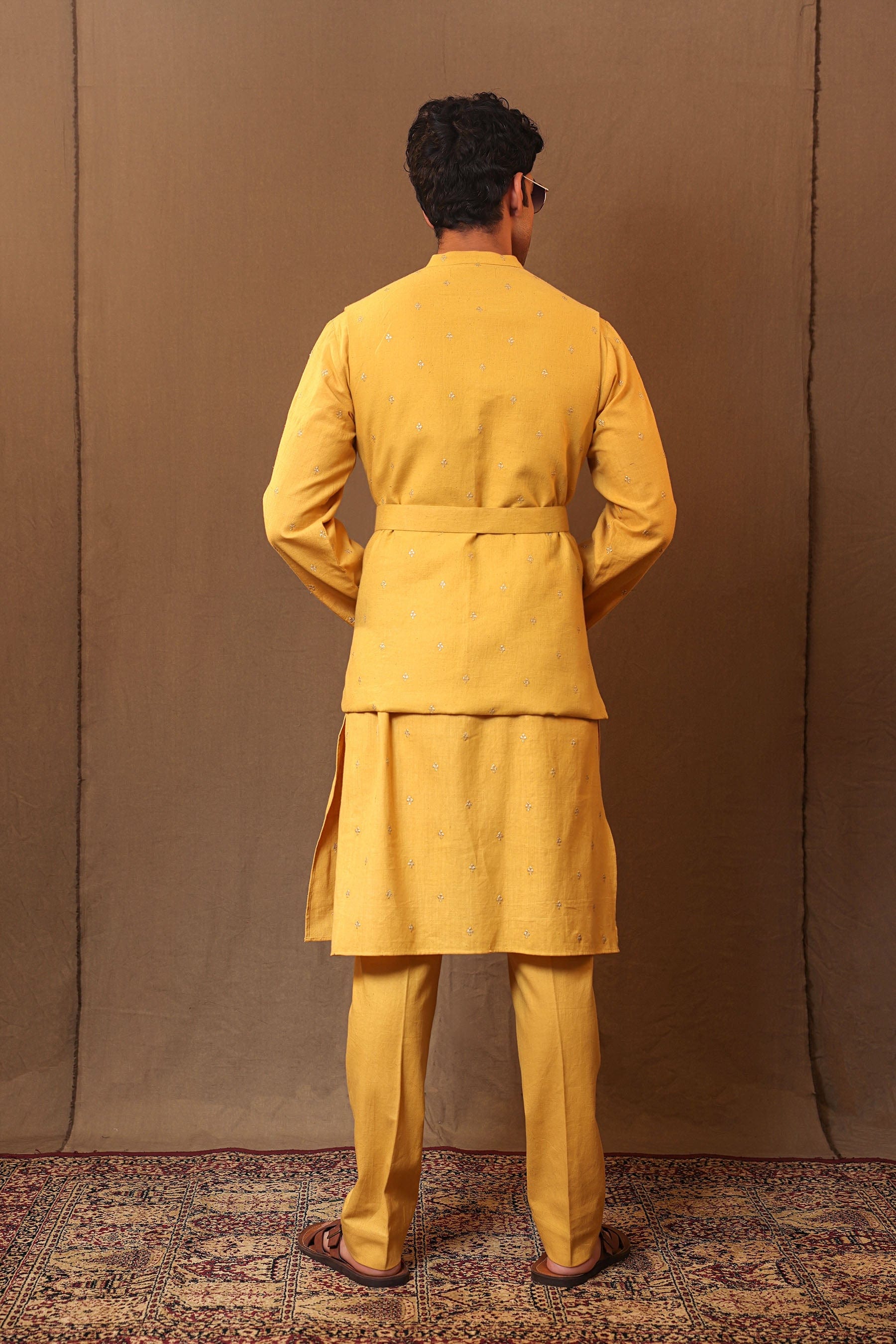 Handspun kala cotton mustard kurta bandi set with embroidery detail – MATI menswear - back view