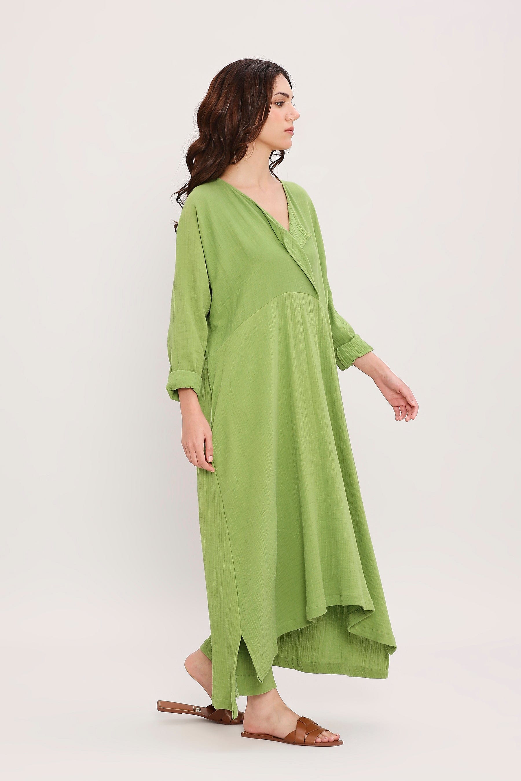Mati Olive Green Kaftan Tunic Co-Ord Set Draped Hem With Side Profile View