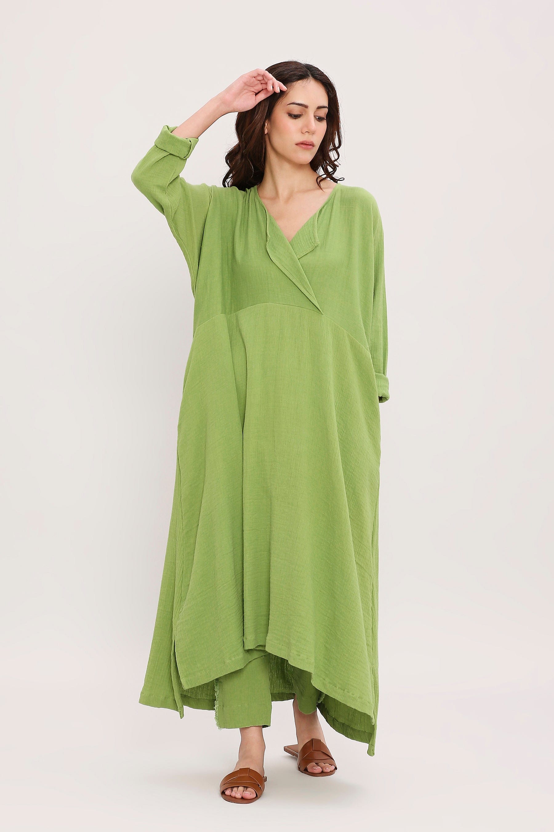 Mati Olive Green Handwoven Cotton Kaftan Tunic Co-Ord Set Front Full Length View