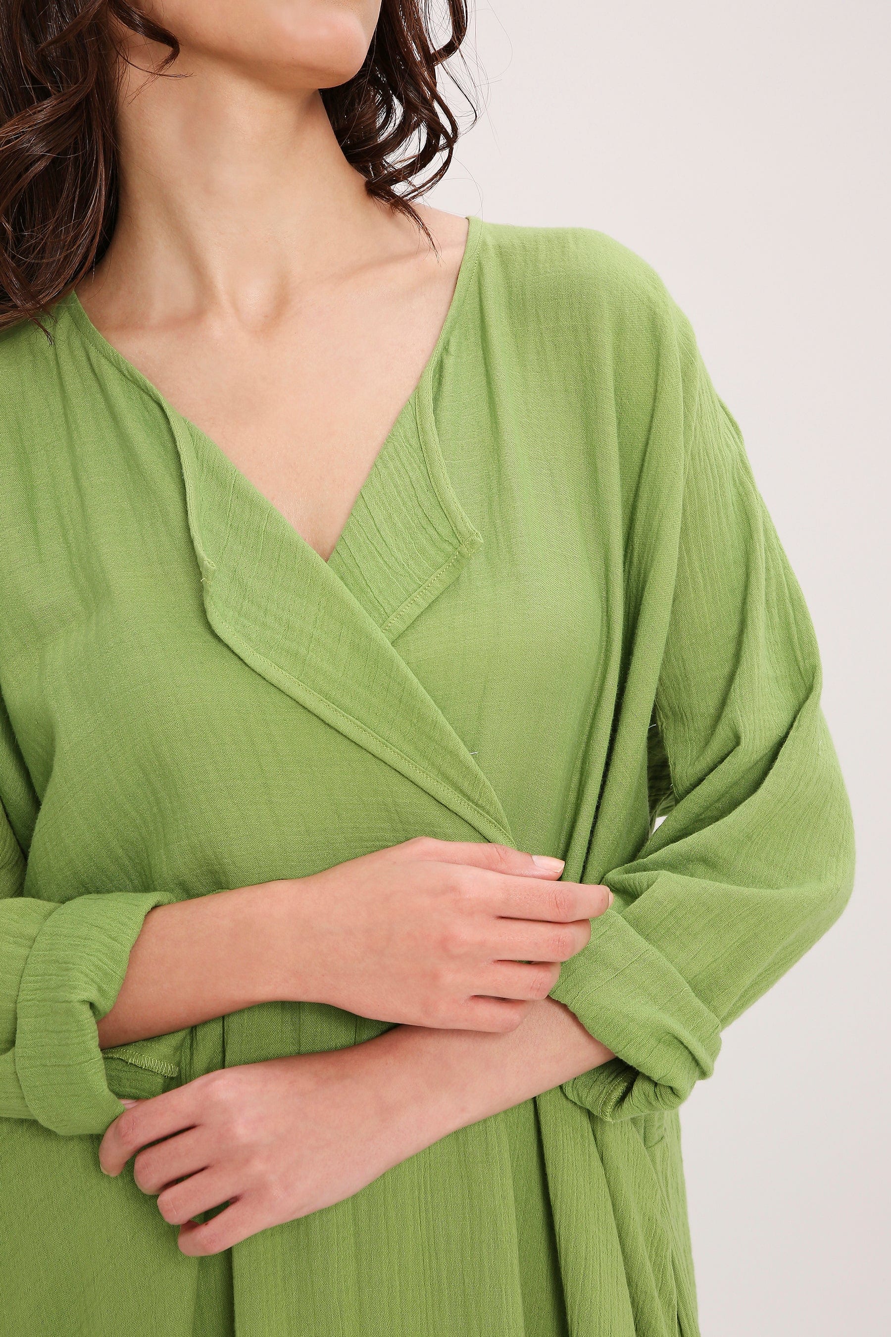 Mati Olive Green Handwoven Cotton Kaftan Tunic Wrap V-Neck Collar Detail