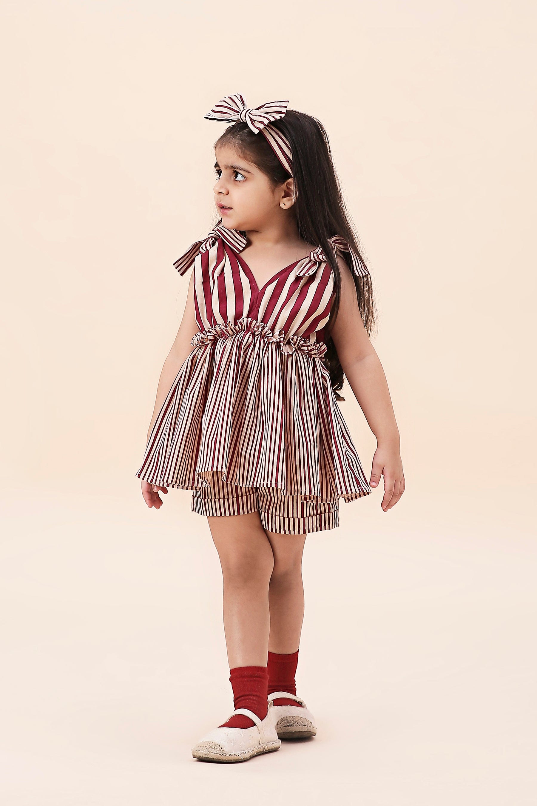 Mati Outfit Sets 0-6 months Mini MATI Girls Ivory With Mauve Striped Frill Top and Shorts Co-Ord Set (2 PCS)