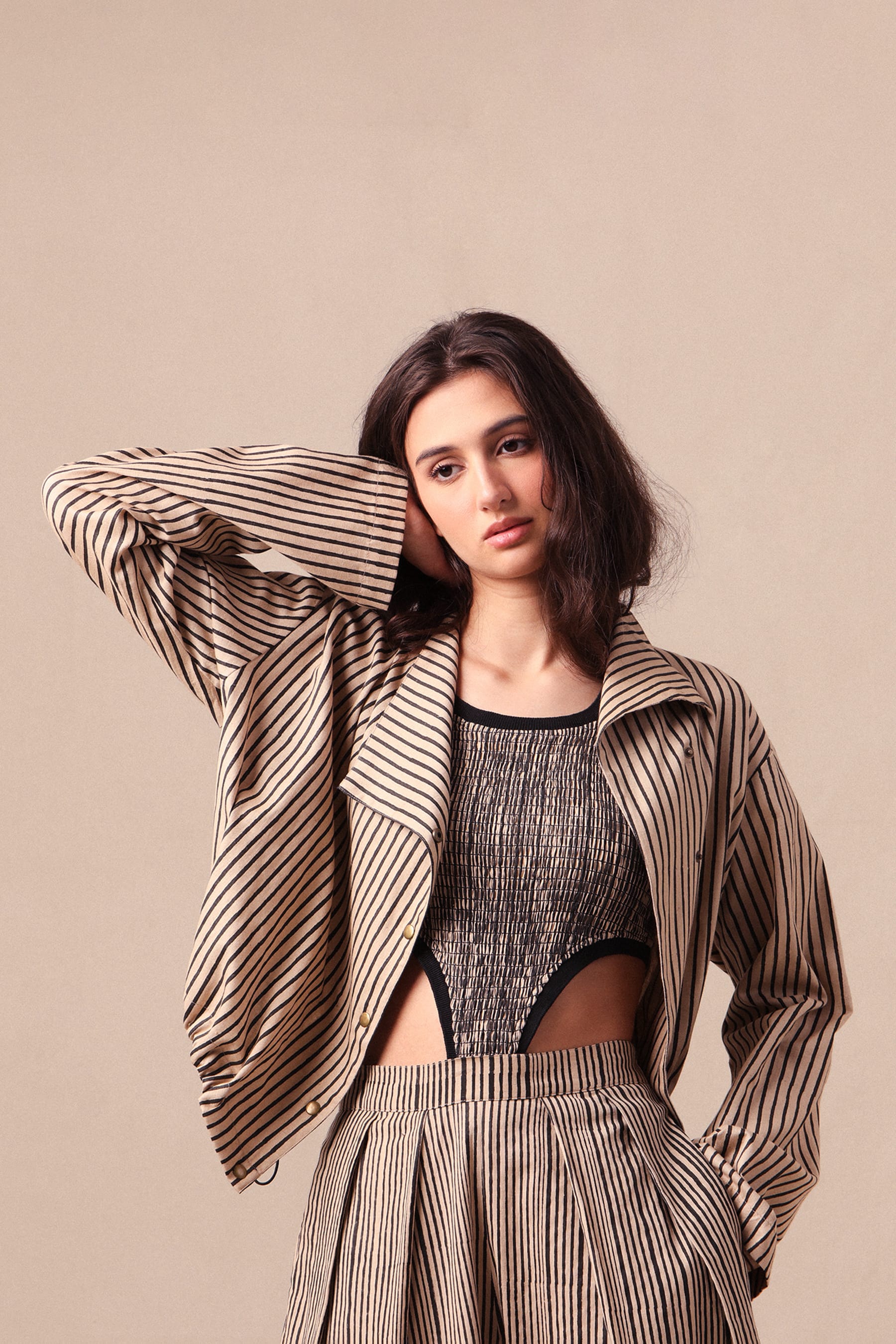 Mati Outfit Sets Charcoal Striped Bodysuit Barrel Pants and Crop Jacket Co-Ord Set (3 PCS)