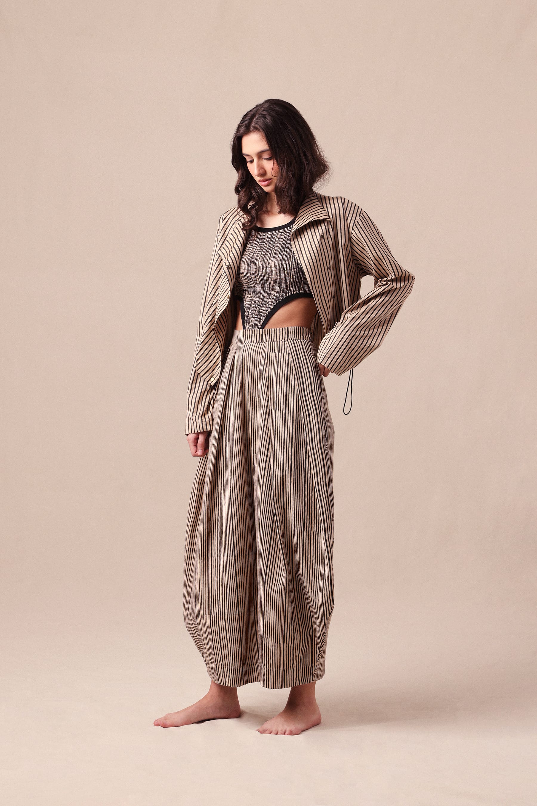 Mati Outfit Sets Charcoal Striped Bodysuit Barrel Pants and Crop Jacket Co-Ord Set (3 PCS)