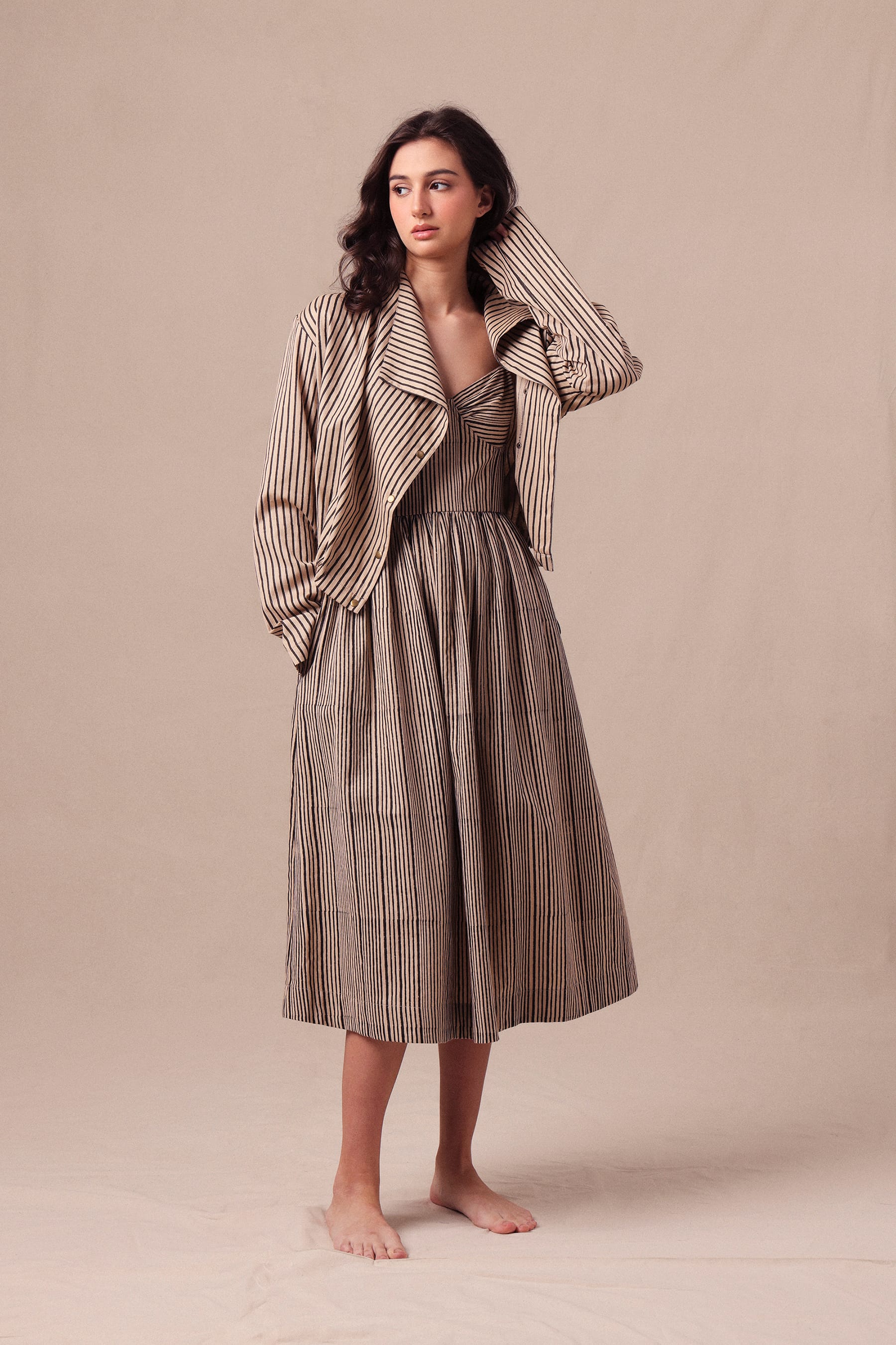 Mati Outfit Sets Charcoal Striped Corset Dress & Crop Jacket Set (2 PCS)