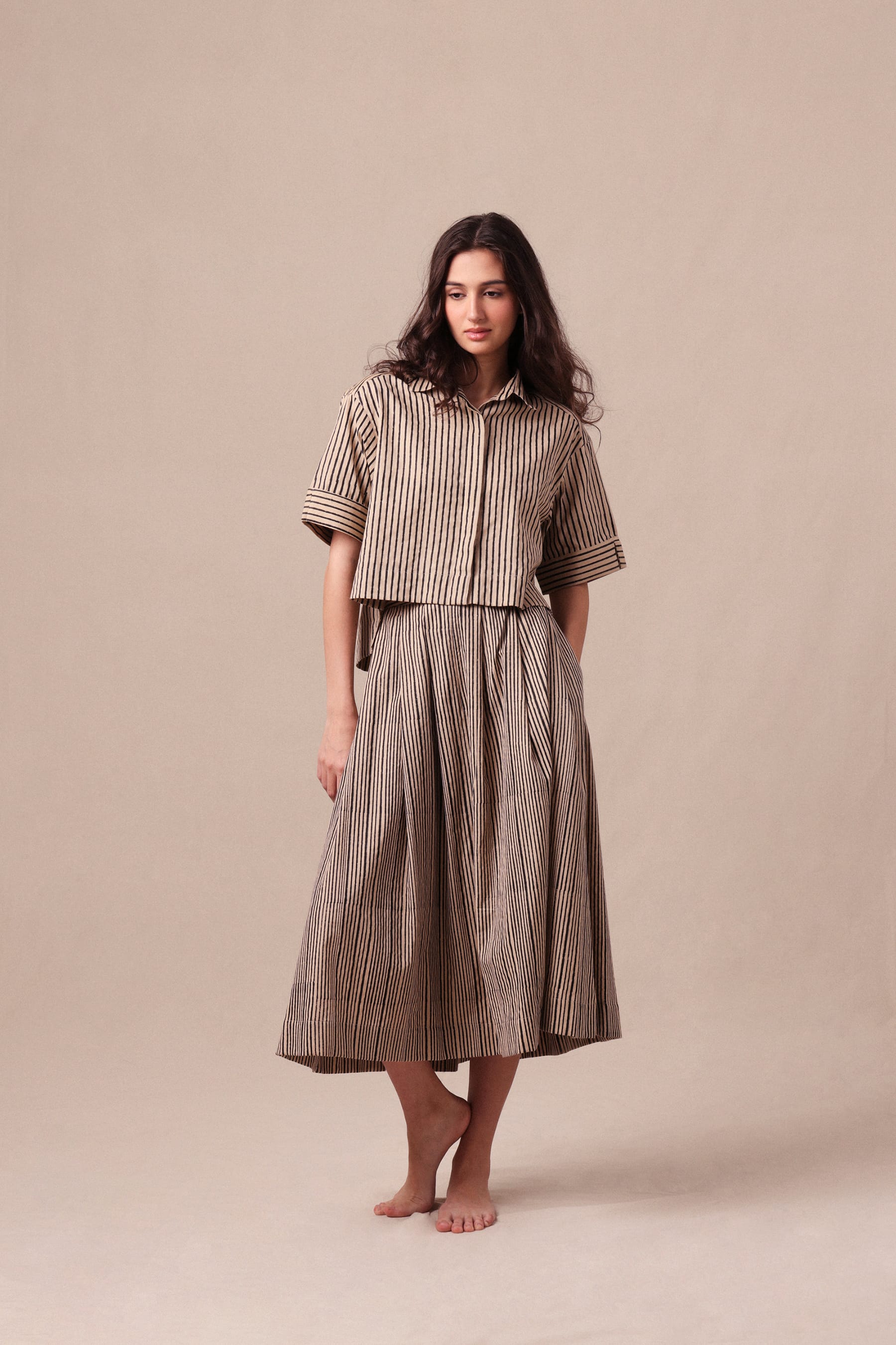 Mati Outfit Sets Charcoal Striped Ekin Crop Shirt & Box Pleated Skirt Co-Ord Set (2 PCS)