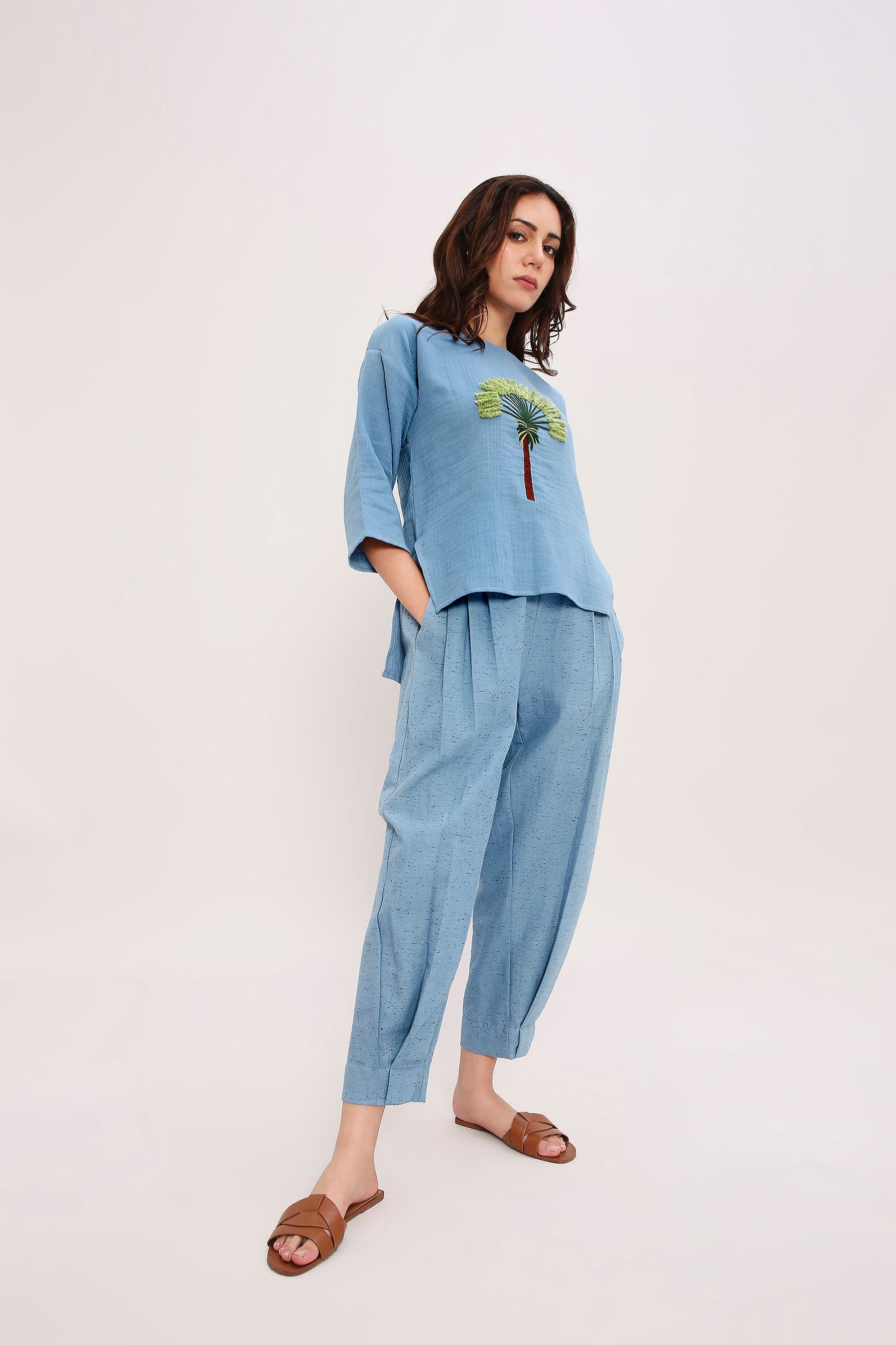Mati Outfit Sets Coco Blue Embroidered Top & Pants Set (2 PCS)