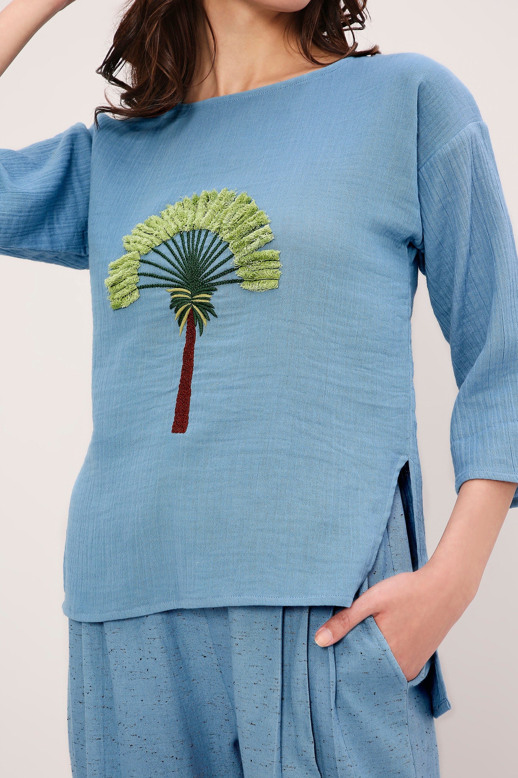 Mati Outfit Sets Coco Blue Embroidered Top & Pants Set (2 PCS)