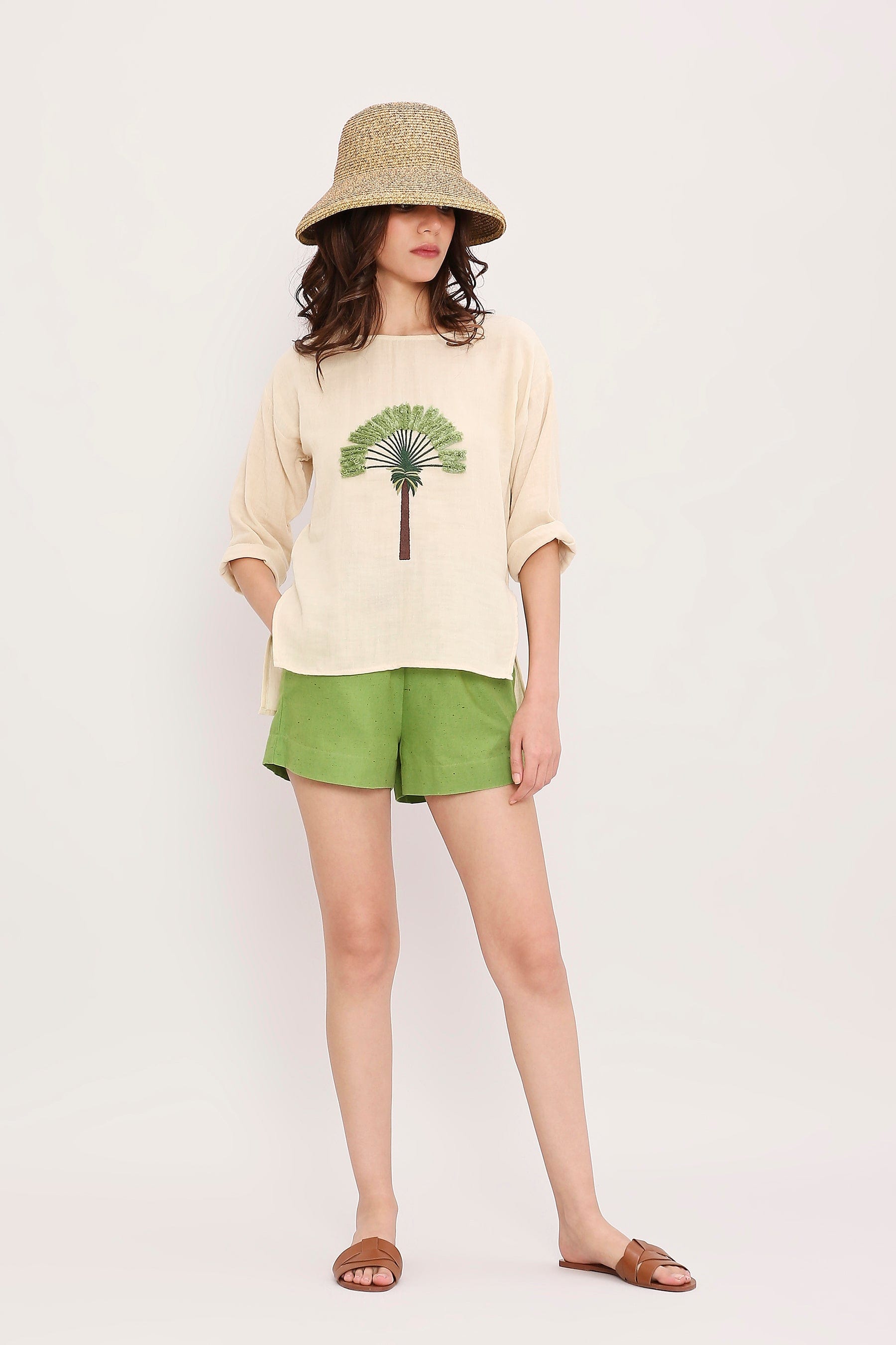 Mati Outfit Sets Coco Cream Embroidered Top & Green Shorts Set (2 PCS)