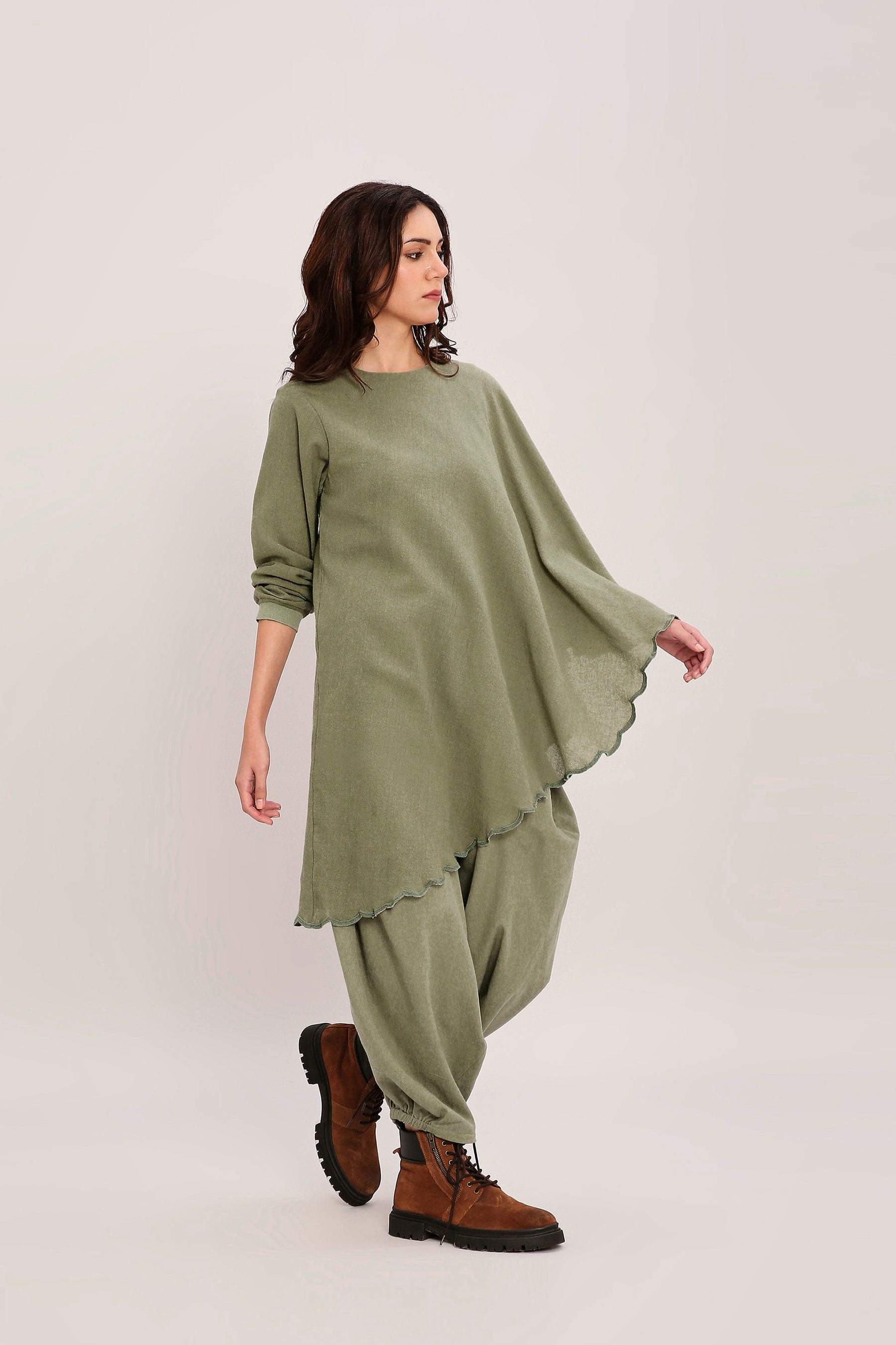 Mati Outfit Sets Green Ribbed Scallop Tunic Set (2 PCS)