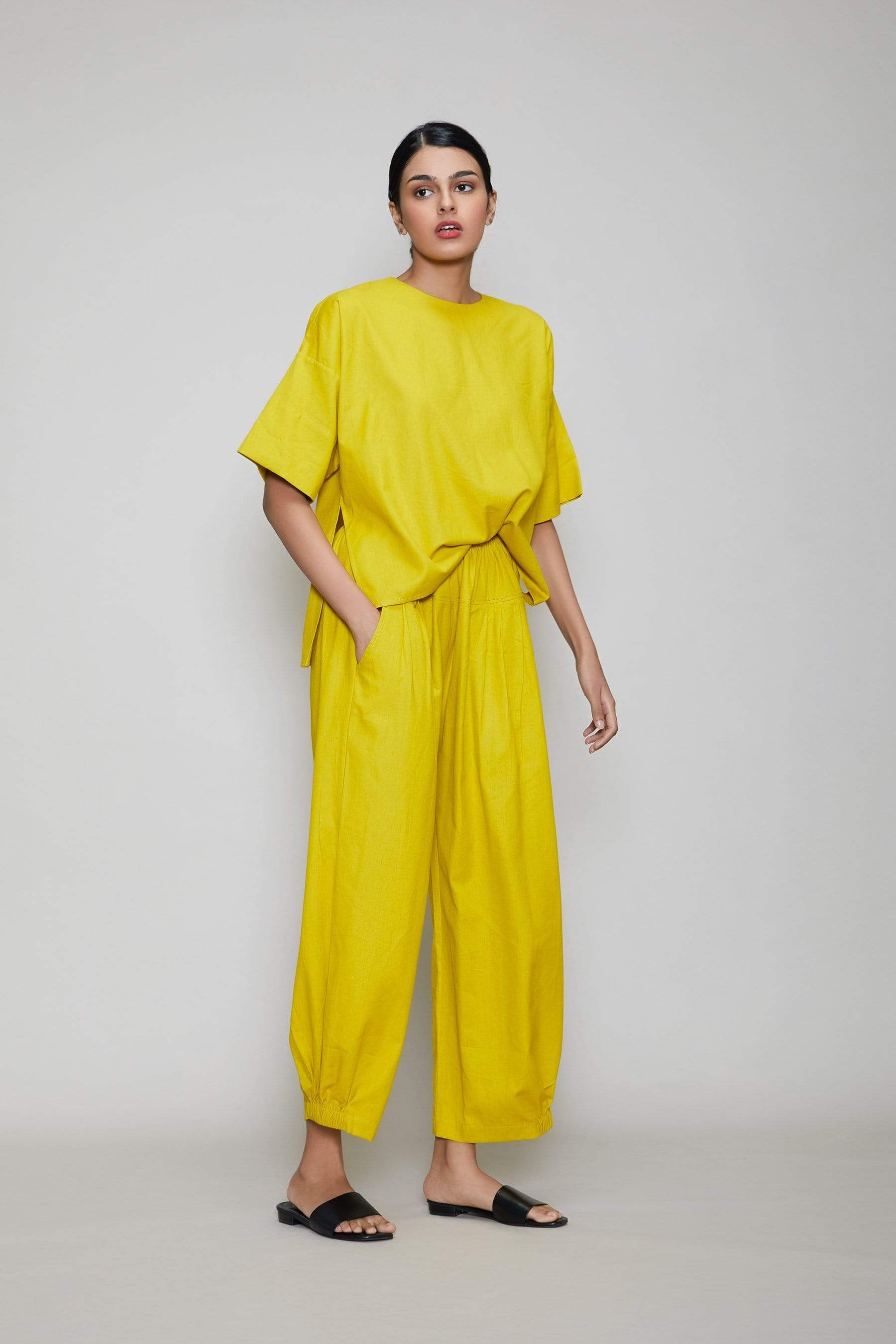 Handcrafted from Handwoven Organic Cotton, Yellow Coord Set for Women by Sustainable Fashion Designer Clothing Label MATI