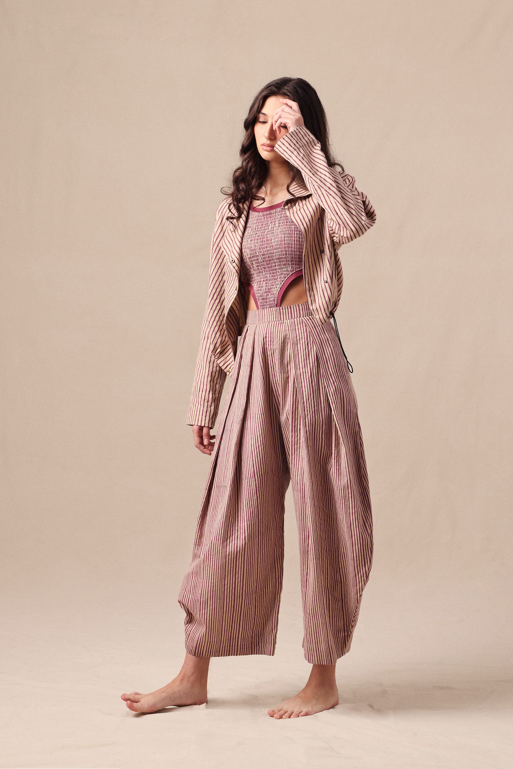Mati Outfit Sets Mauve Striped Bodysuit Barrel Pants and Crop Jacket Co-Ord Set (3 PCS)