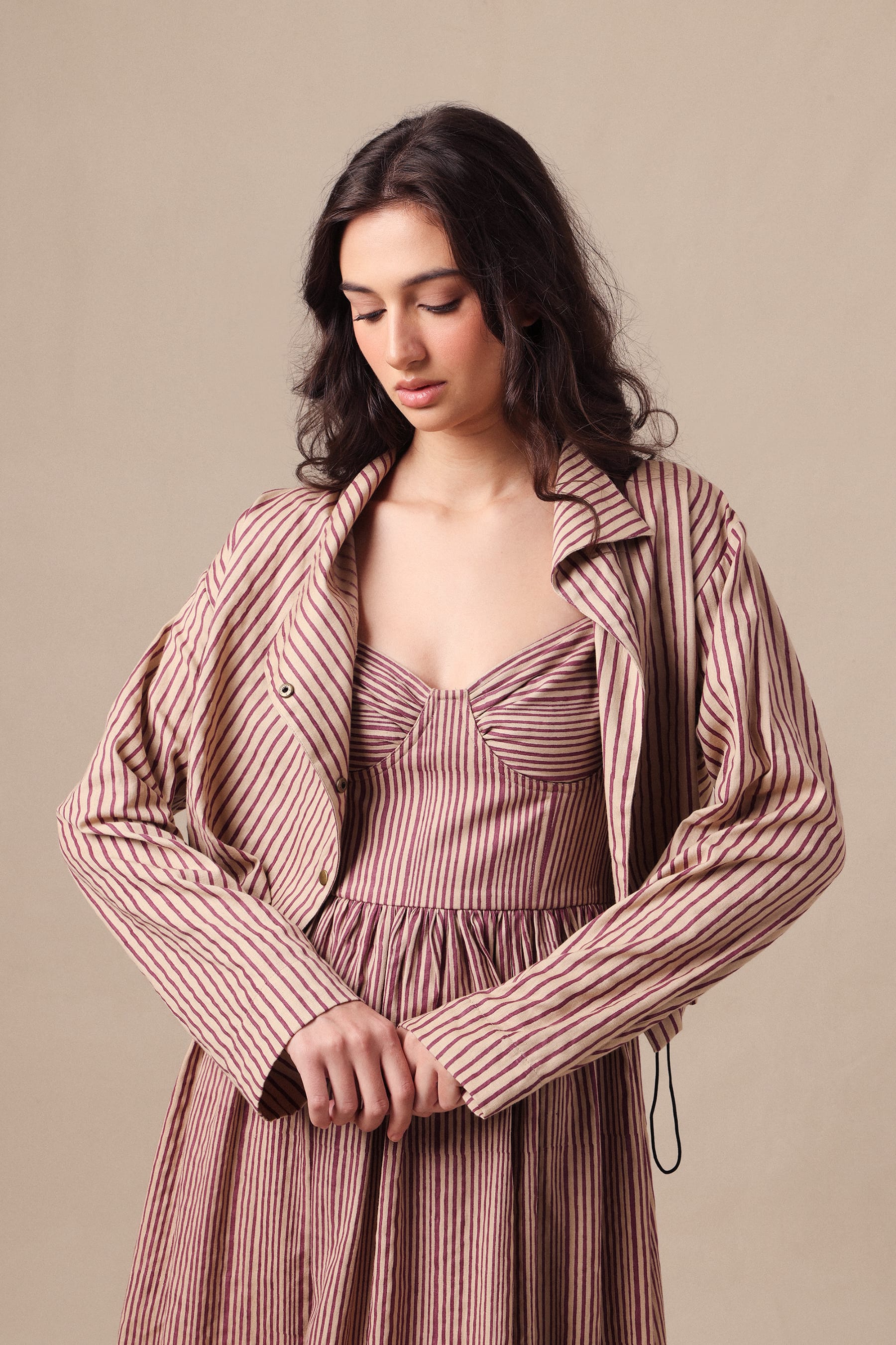 Mati Outfit Sets Mauve Striped Corset Dress & Crop Jacket Set (2 PCS)