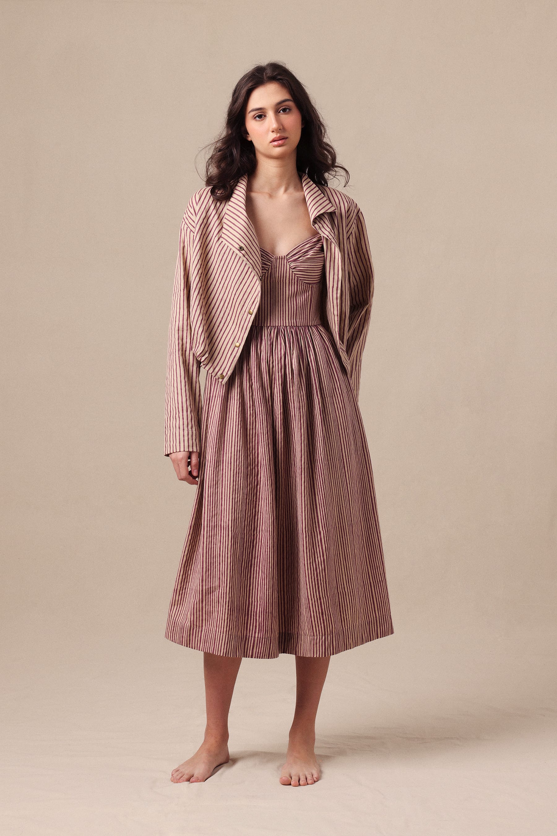 Mati Outfit Sets Mauve Striped Corset Dress & Crop Jacket Set (2 PCS)