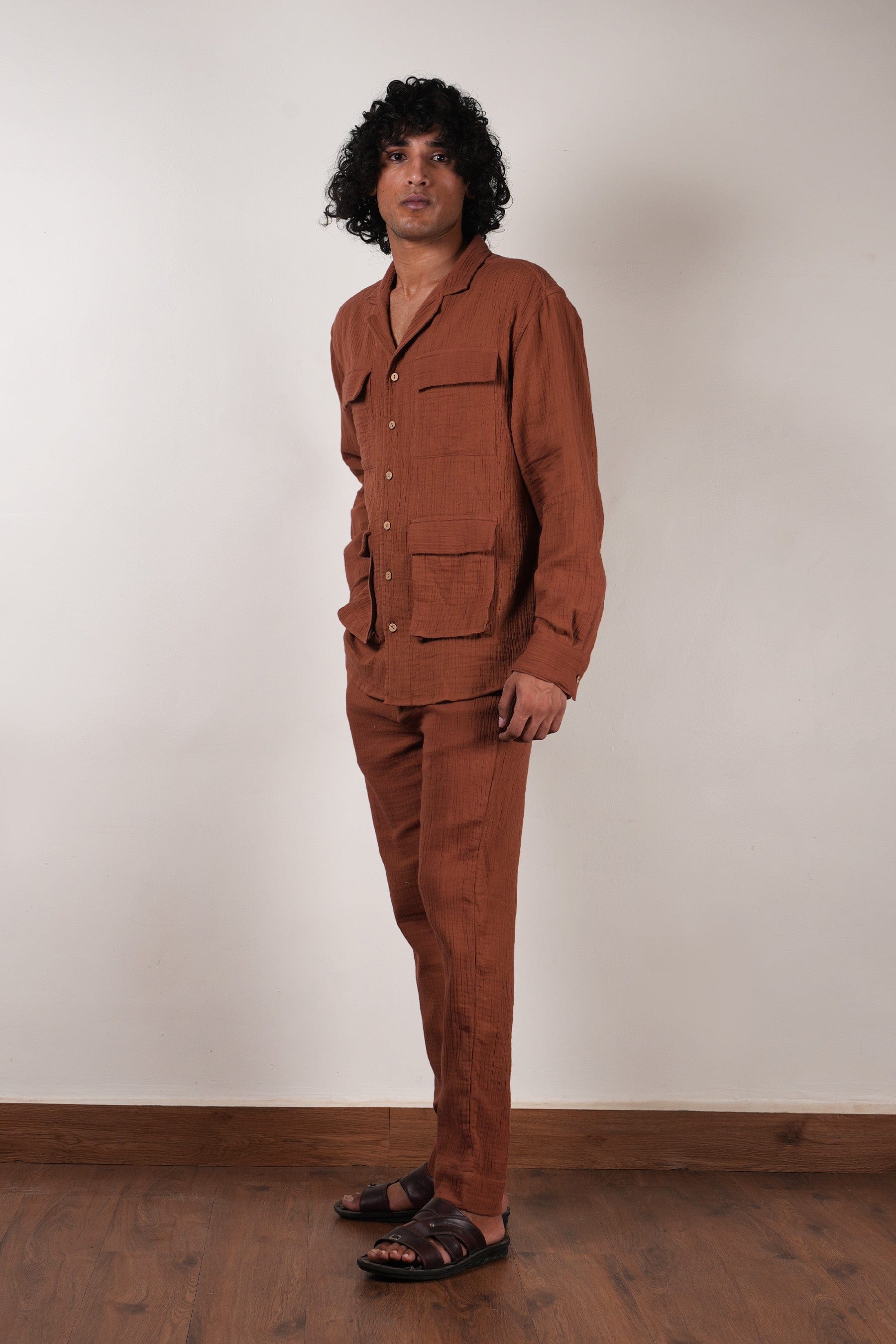 Mati Outfit Sets Men's Brown Crush Cotton Pocket Shirt & Pant Set (2 PCS)