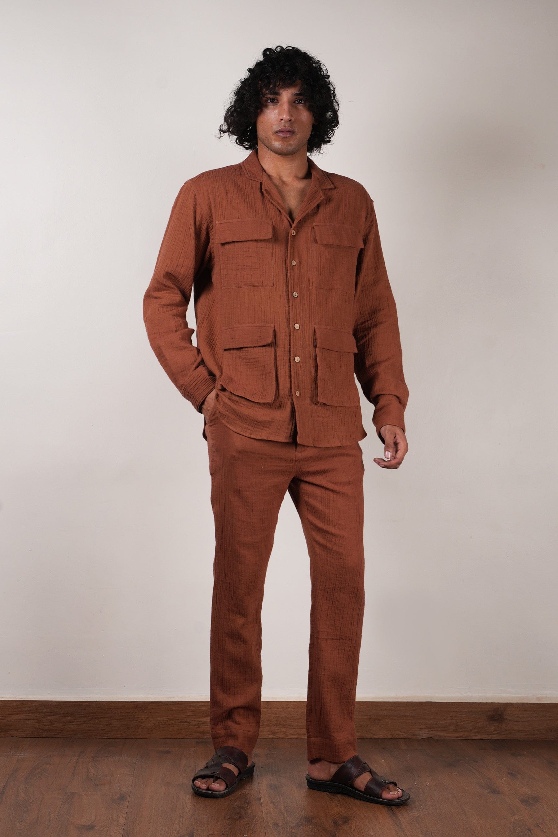 Mati Outfit Sets Men's Brown Crush Cotton Pocket Shirt & Pant Set (2 PCS)