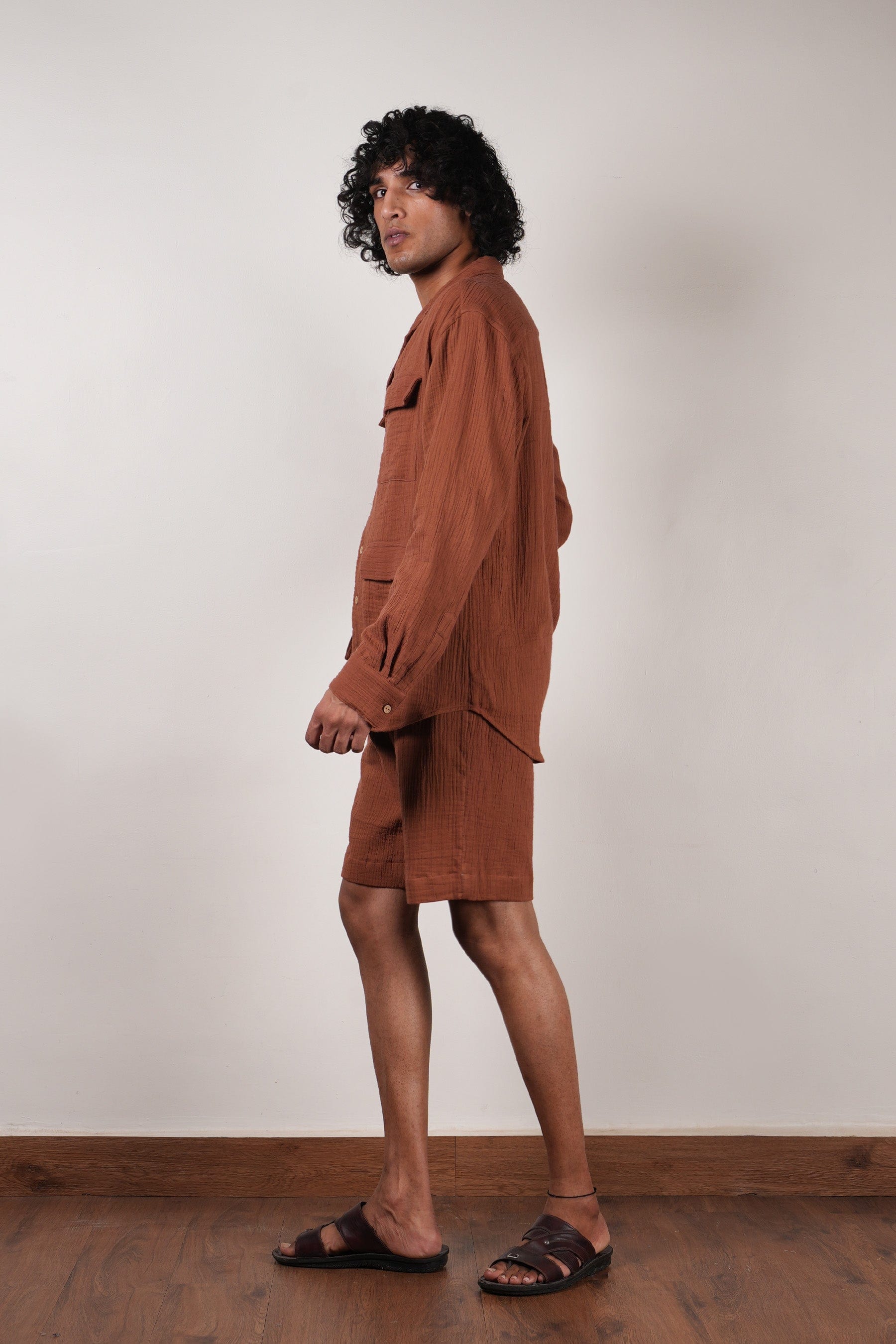 Mati Outfit Sets Men's Brown Crush Cotton Pocket Shirt & Shorts Set (2 PCS)