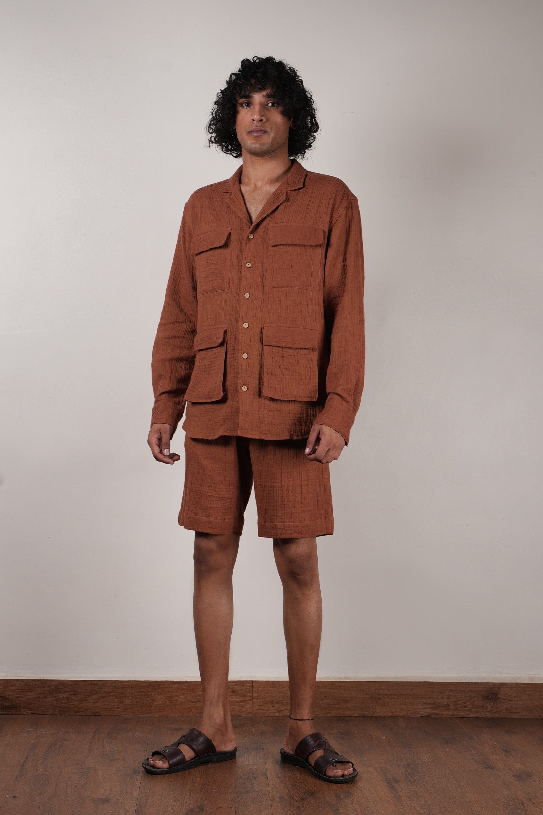 Mati Outfit Sets Men's Brown Crush Cotton Pocket Shirt & Shorts Set (2 PCS)