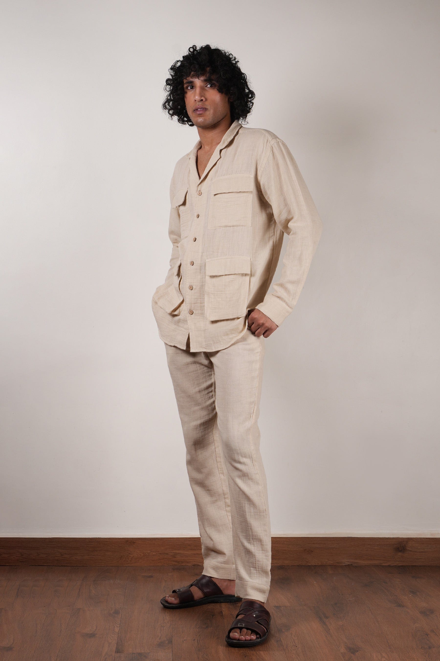 Mati Outfit Sets Men's Cream Crush Cotton Pocket Shirt & Pant Set (2 PCS)