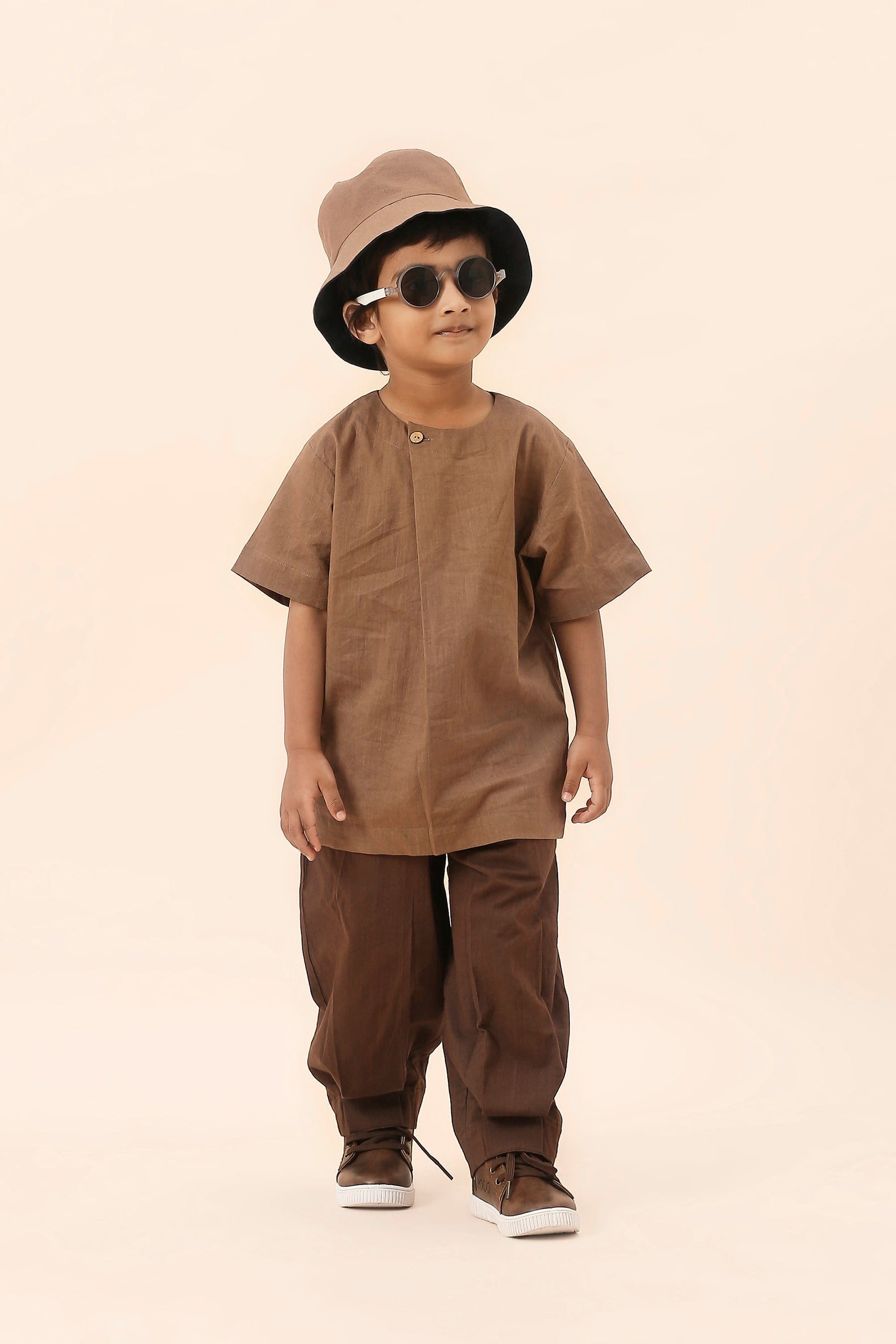 Mati Outfit Sets Mini MATI Boys Overlap Shirt & Trouser Set - Beige & Brown (2 PCS)